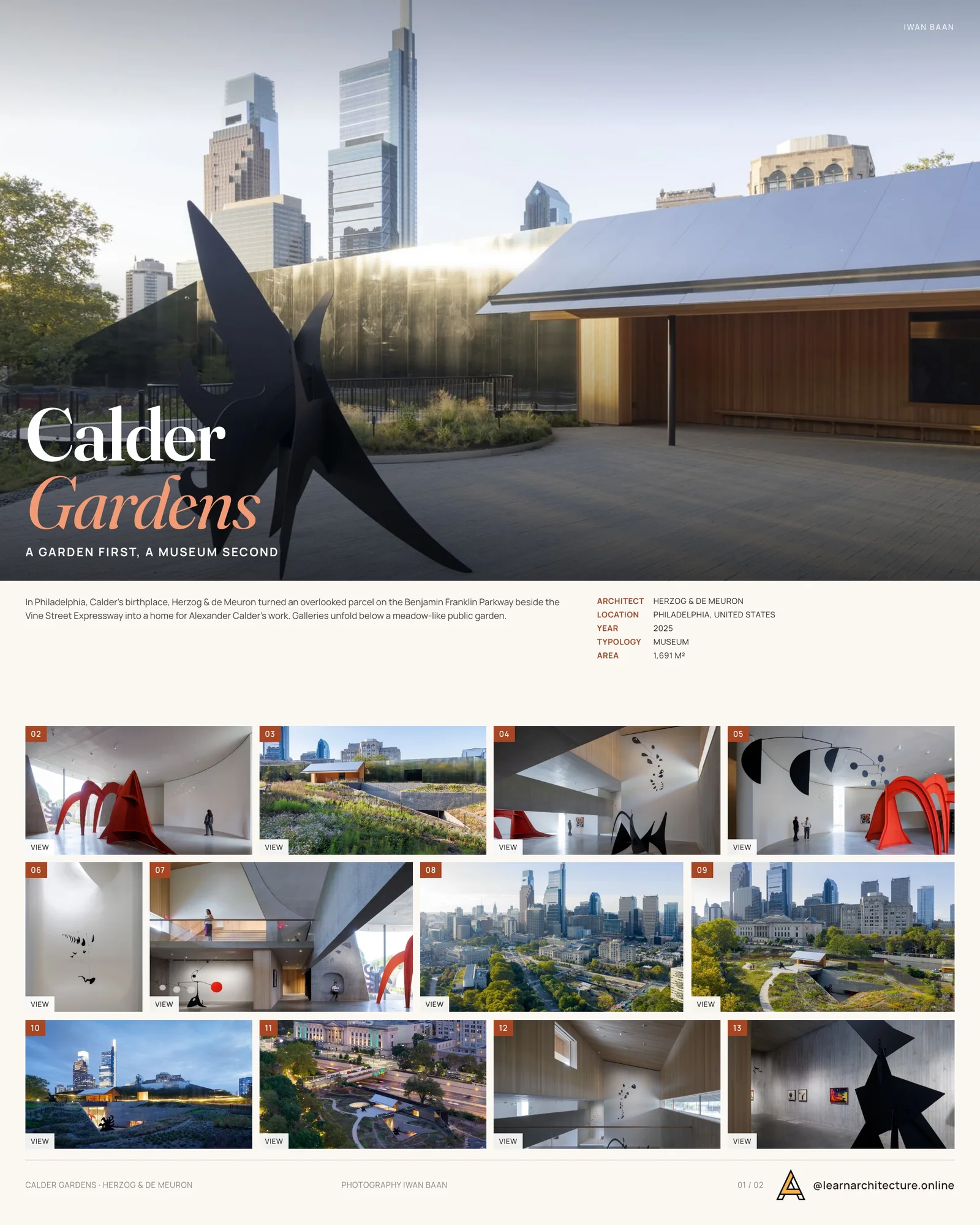 Presentation board cover for Calder Gardens Museum by Herzog & de Meuron, with the lead image, project summary and a grid of photographs and drawings