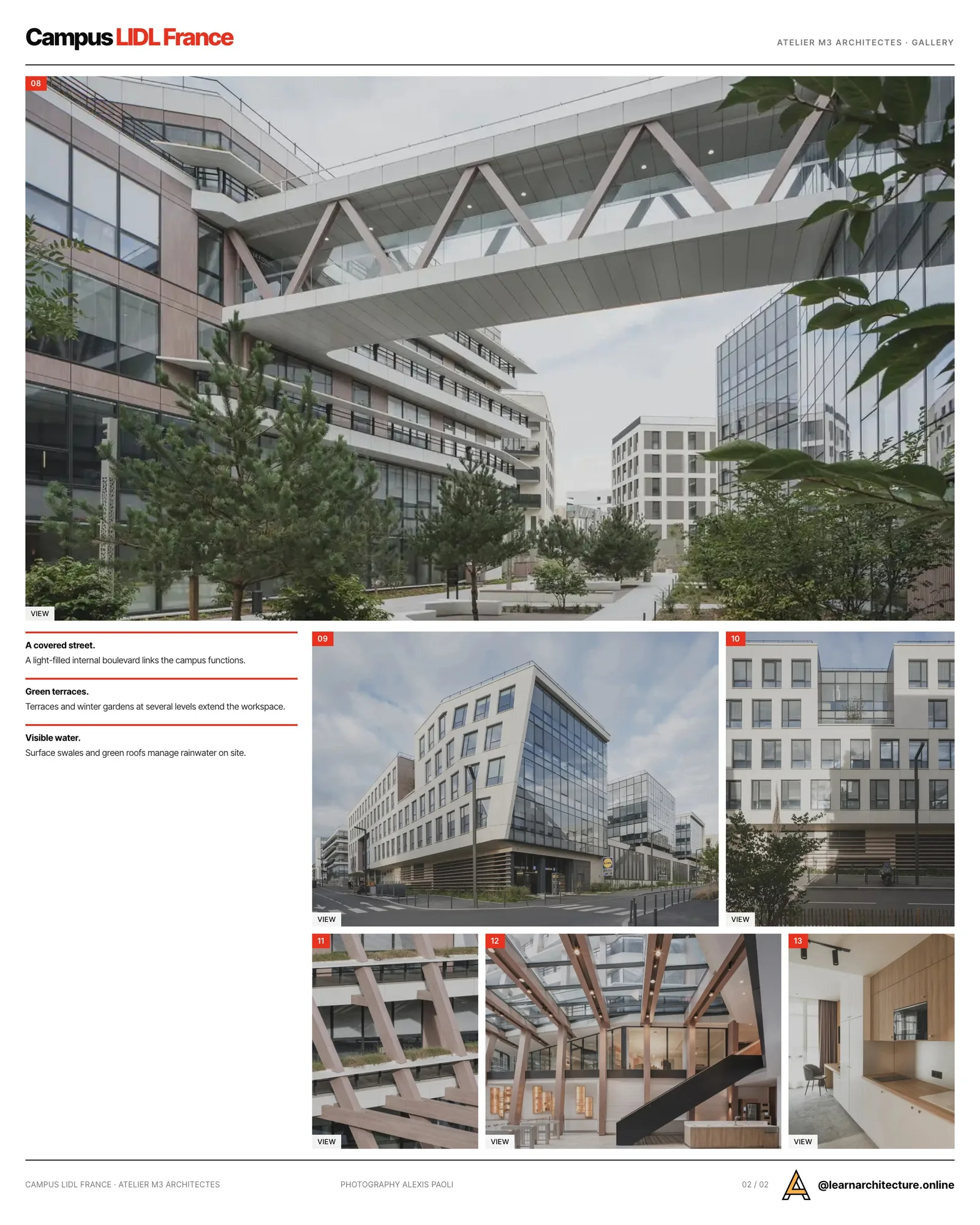 Second presentation board sheet for Campus LIDL France by Atelier M3 architectes, laying out the project drawings and images on one page