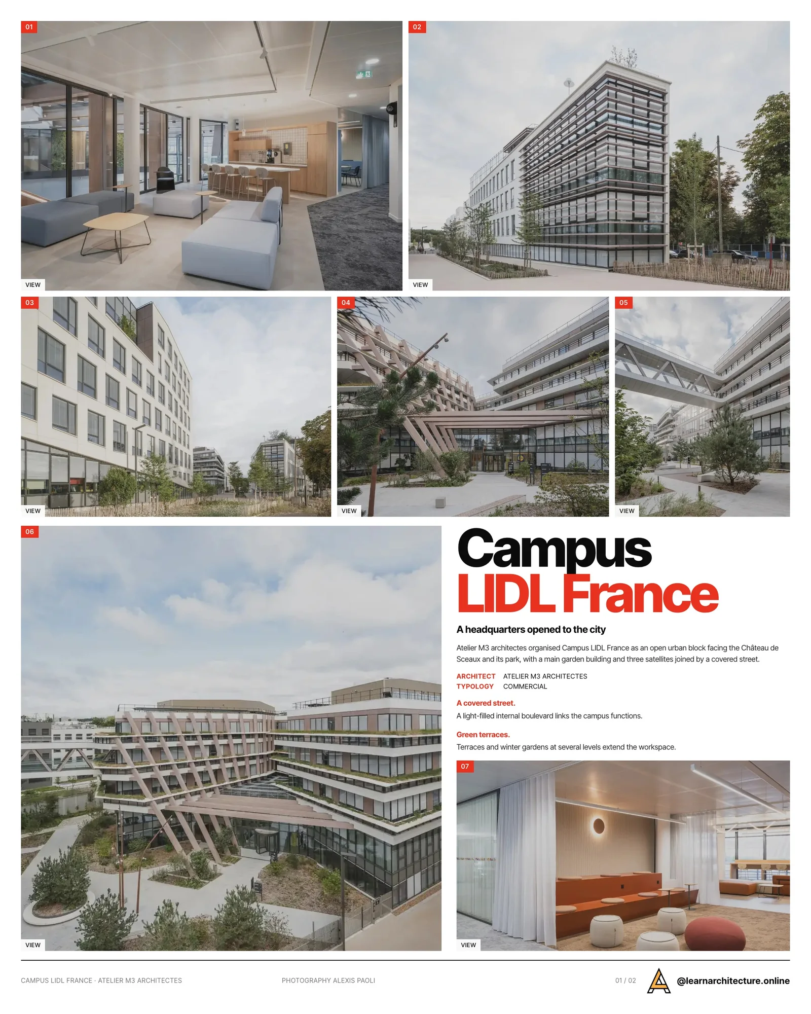Presentation board cover for Campus LIDL France by Atelier M3 architectes, with the lead image, project summary and a grid of photographs and drawings