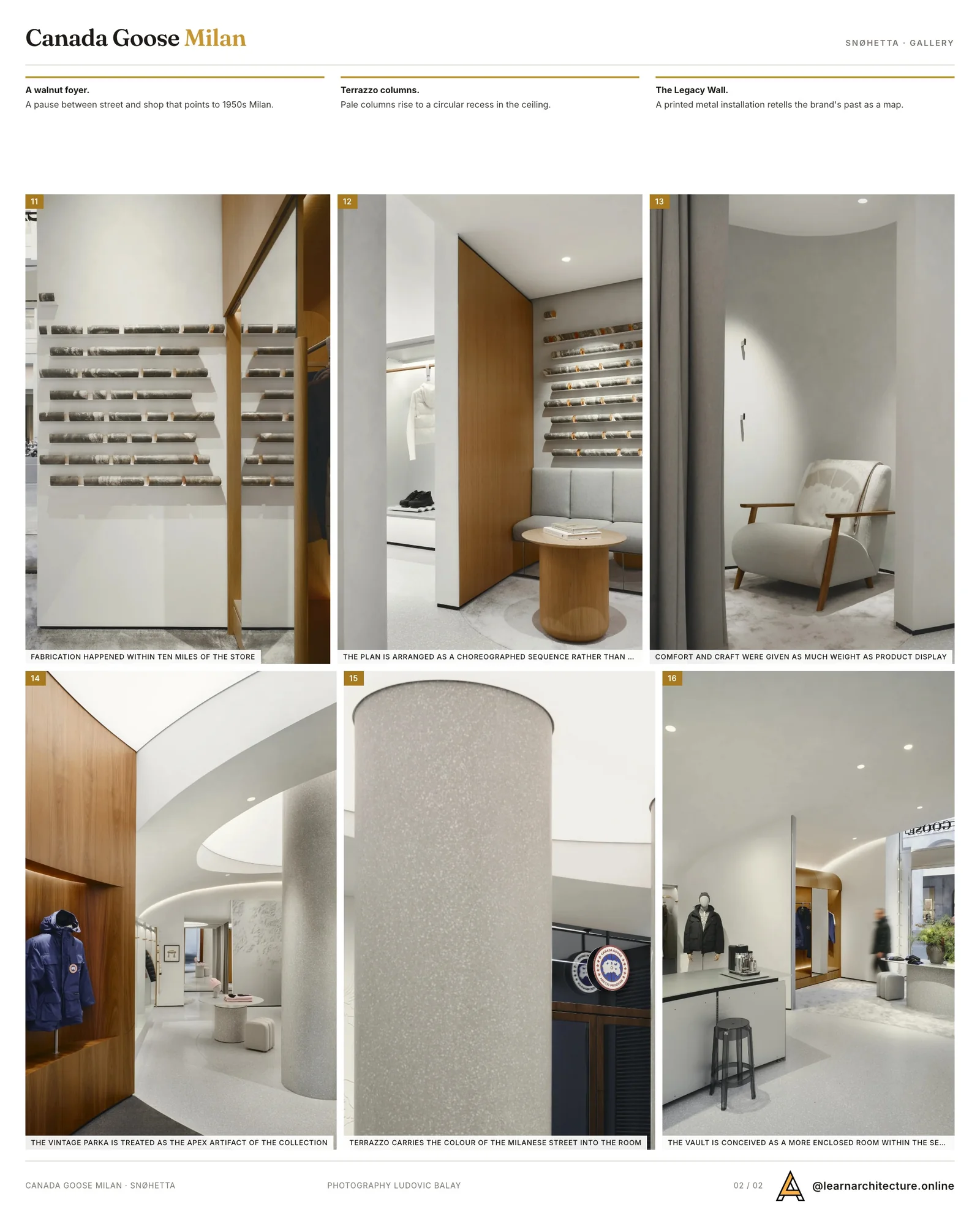 Second presentation board sheet for Canada Goose Milan Flagship by Snøhetta, laying out the project drawings and images on one page