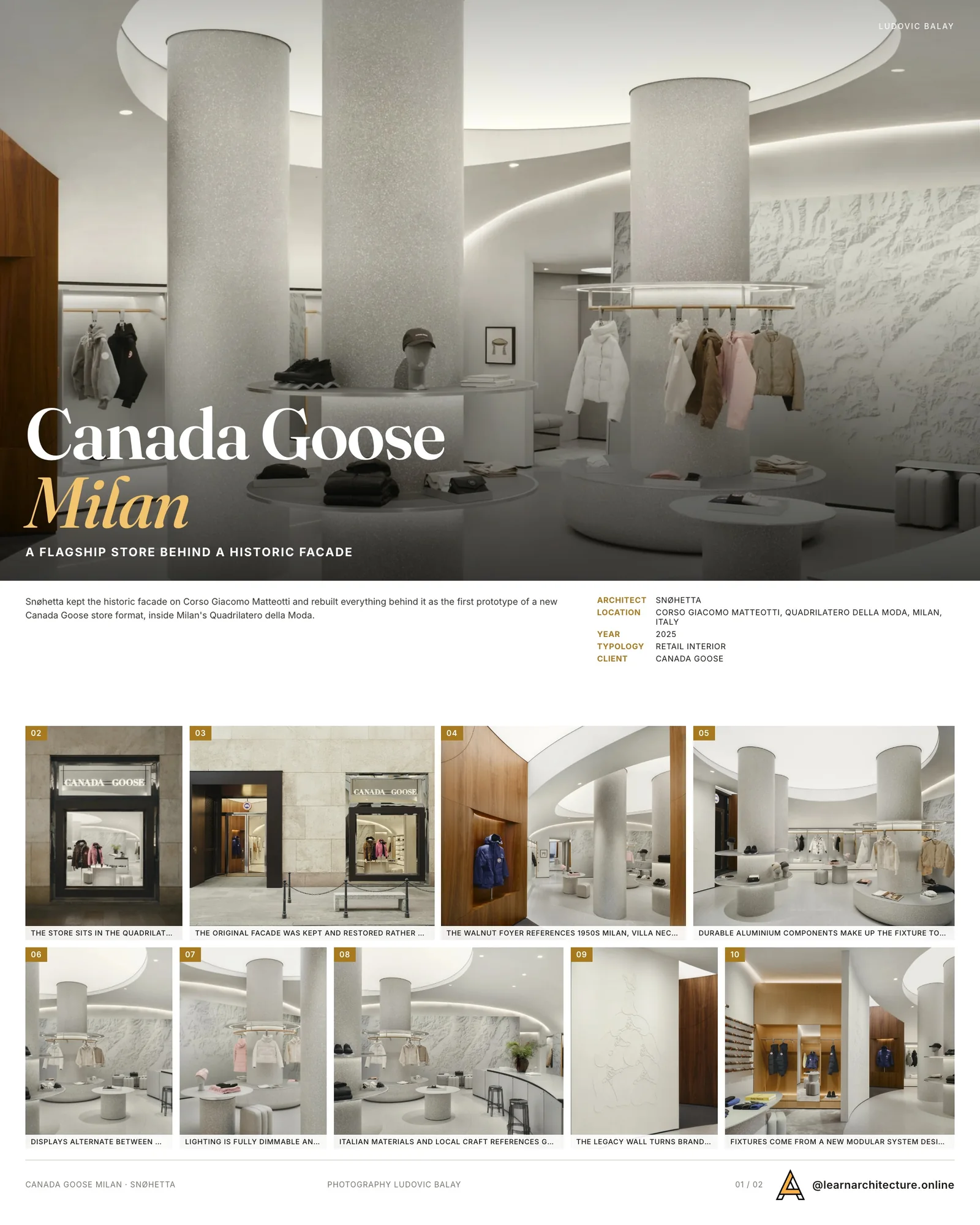 Presentation board cover for Canada Goose Milan Flagship by Snøhetta, with the lead image, project summary and a grid of photographs and drawings