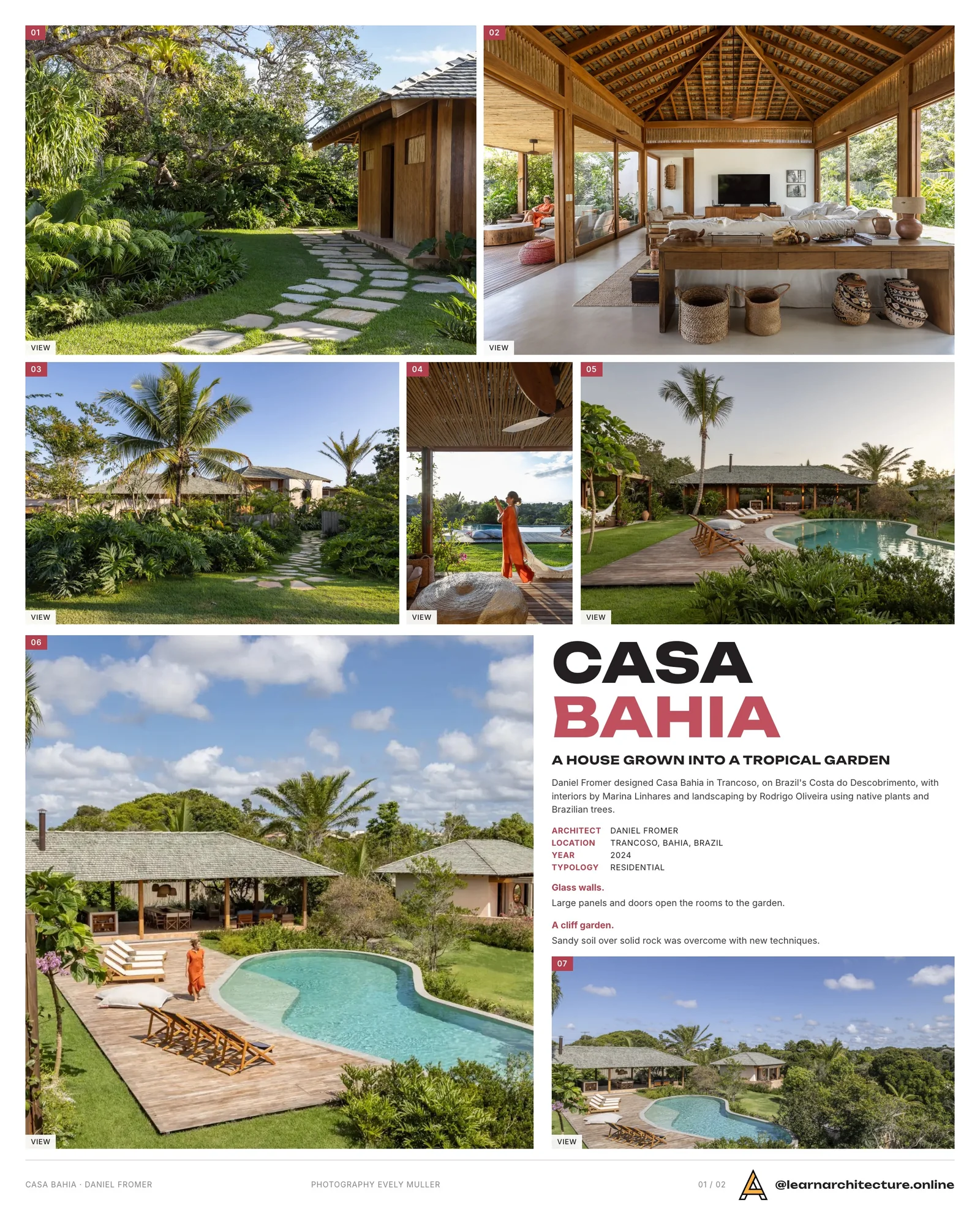 Presentation board cover for Casa Bahia in Trancoso, Brazil, with the lead image, project summary and a grid of photographs and drawings