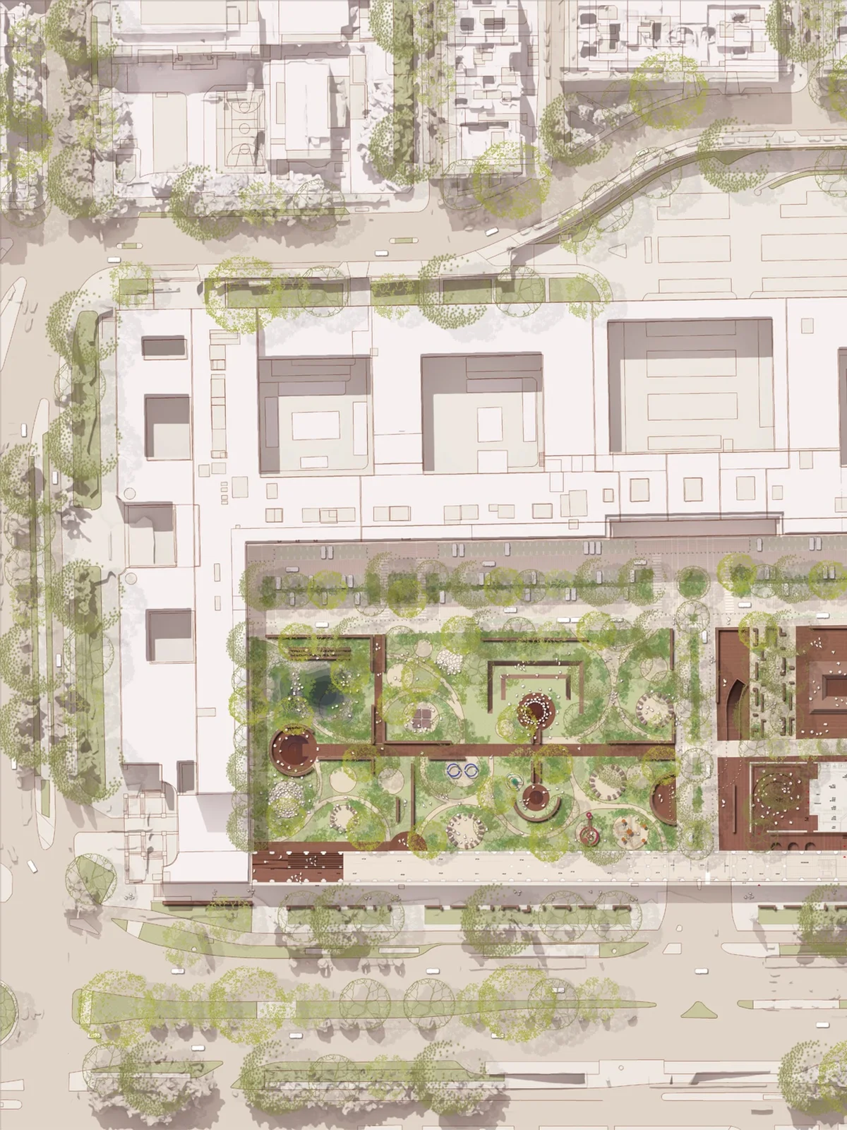 Aerial watercolor style site plan of a dense urban block with a central garden courtyard