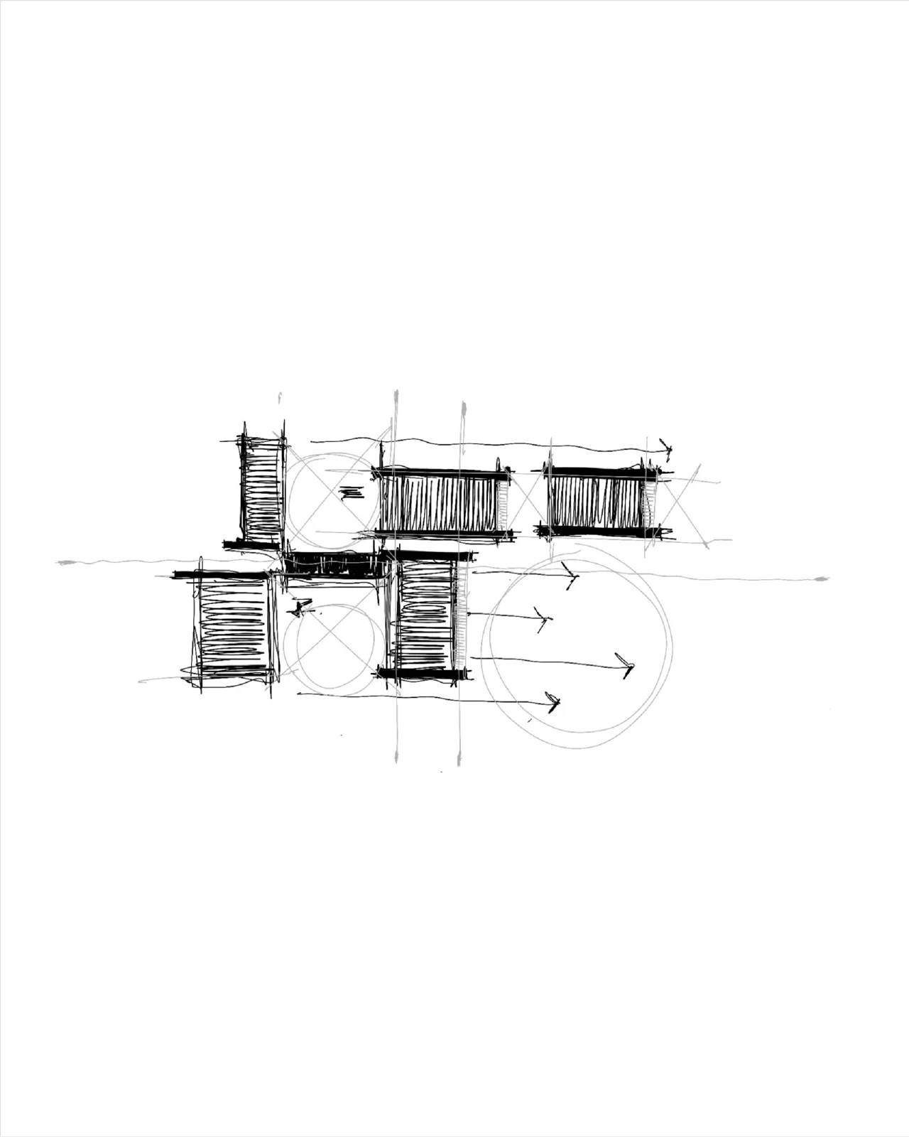 Freehand pencil sketches exploring a small house massing, plan and circulation arrows