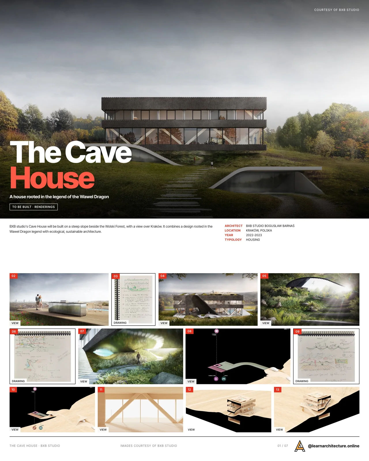 Presentation board cover for The Cave House showing a dark exterior render in a misty mountain setting