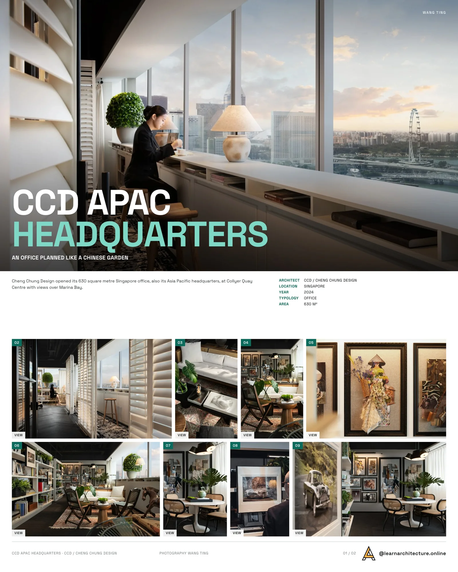 Presentation board cover for CCD APAC Headquarters in Singapore, with the lead image, project summary and a grid of photographs and drawings