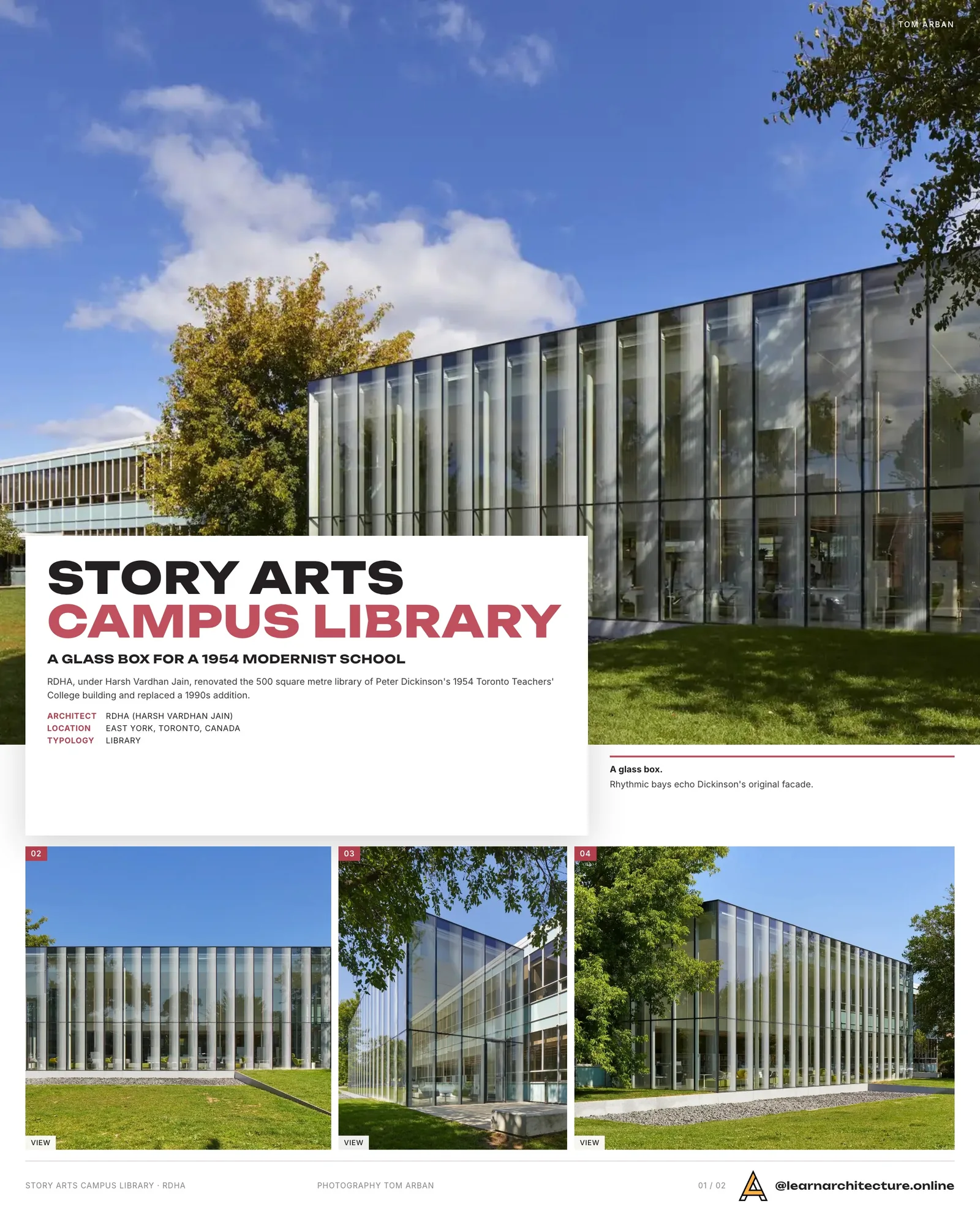 Presentation board cover for Centennial College Story Arts Campus Library by Harsh Vardhan Jain, with the lead image, project summary and a grid of photographs and drawings