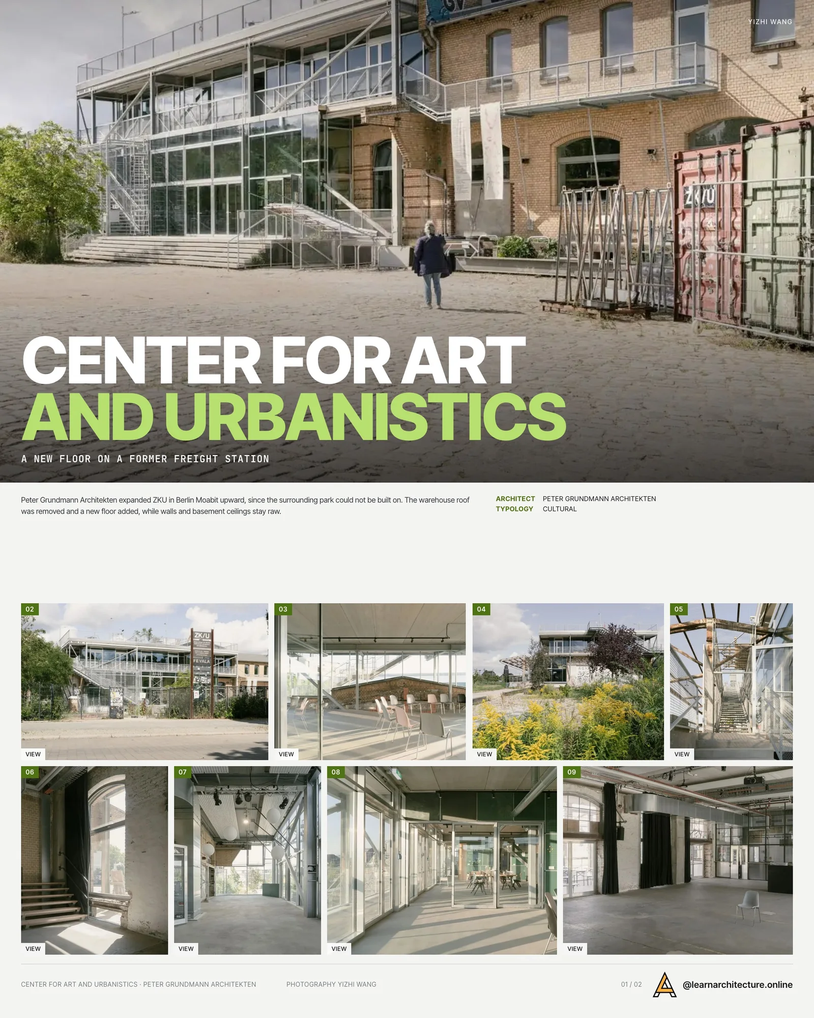 Presentation board cover for Center for Art and Urbanistics by Peter Grundmann Architekten, with the lead image, project summary and a grid of photographs and drawings