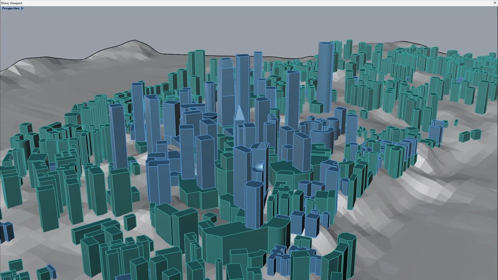 Teal block massing model of dense towers on grey sloping terrain