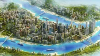 Aerial view of a Minecraft city on a peninsula between two blue rivers, packed with towers and green slopes