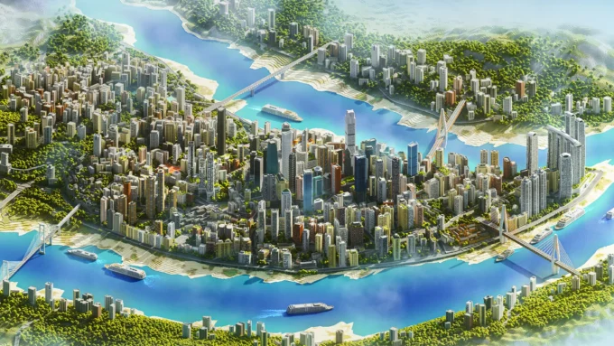 Aerial view of a Minecraft city on a peninsula between two blue rivers, packed with towers and green slopes
