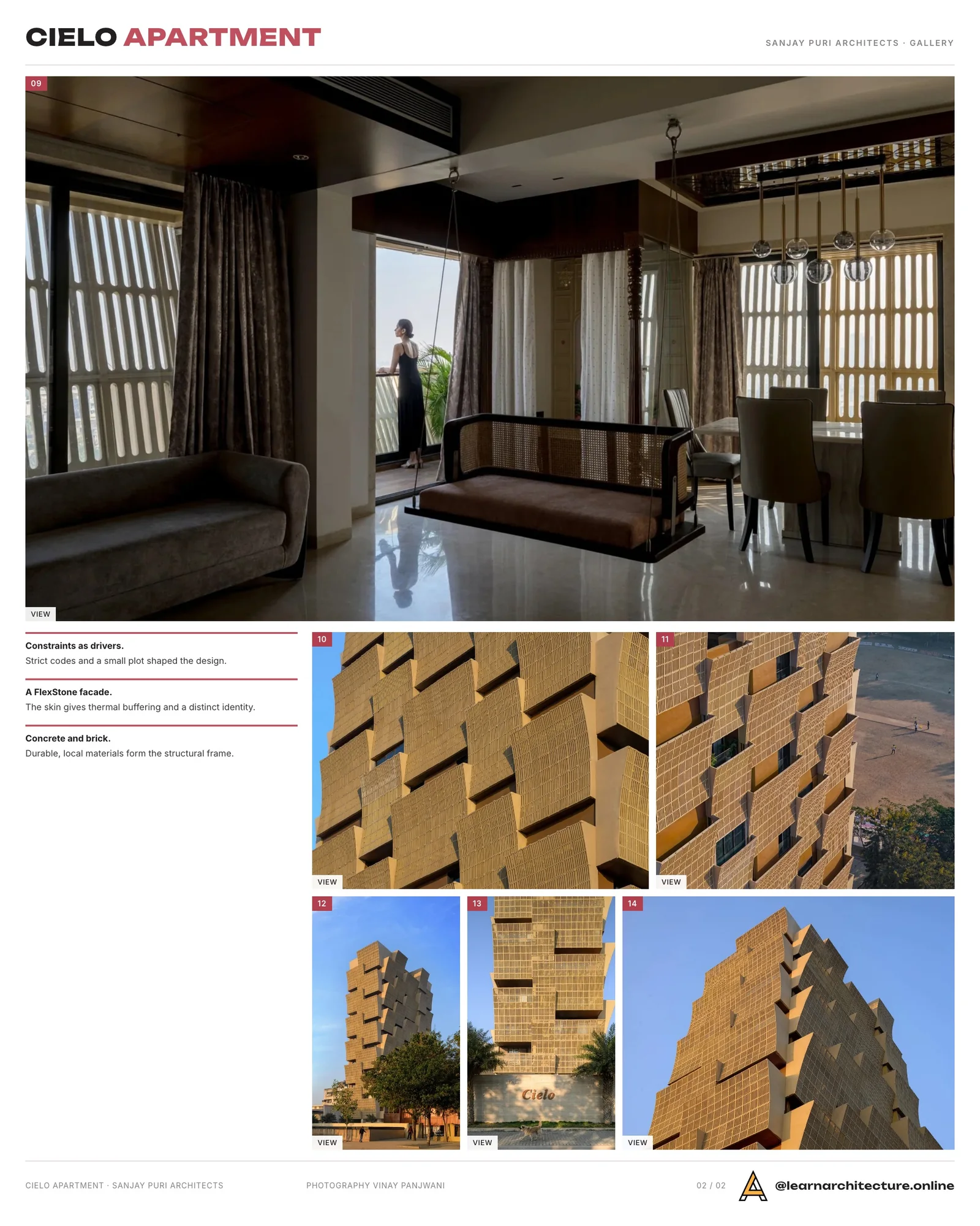 Second presentation board sheet for Cielo Apartment by Sanjay Puri Architects, laying out the project drawings and images on one page