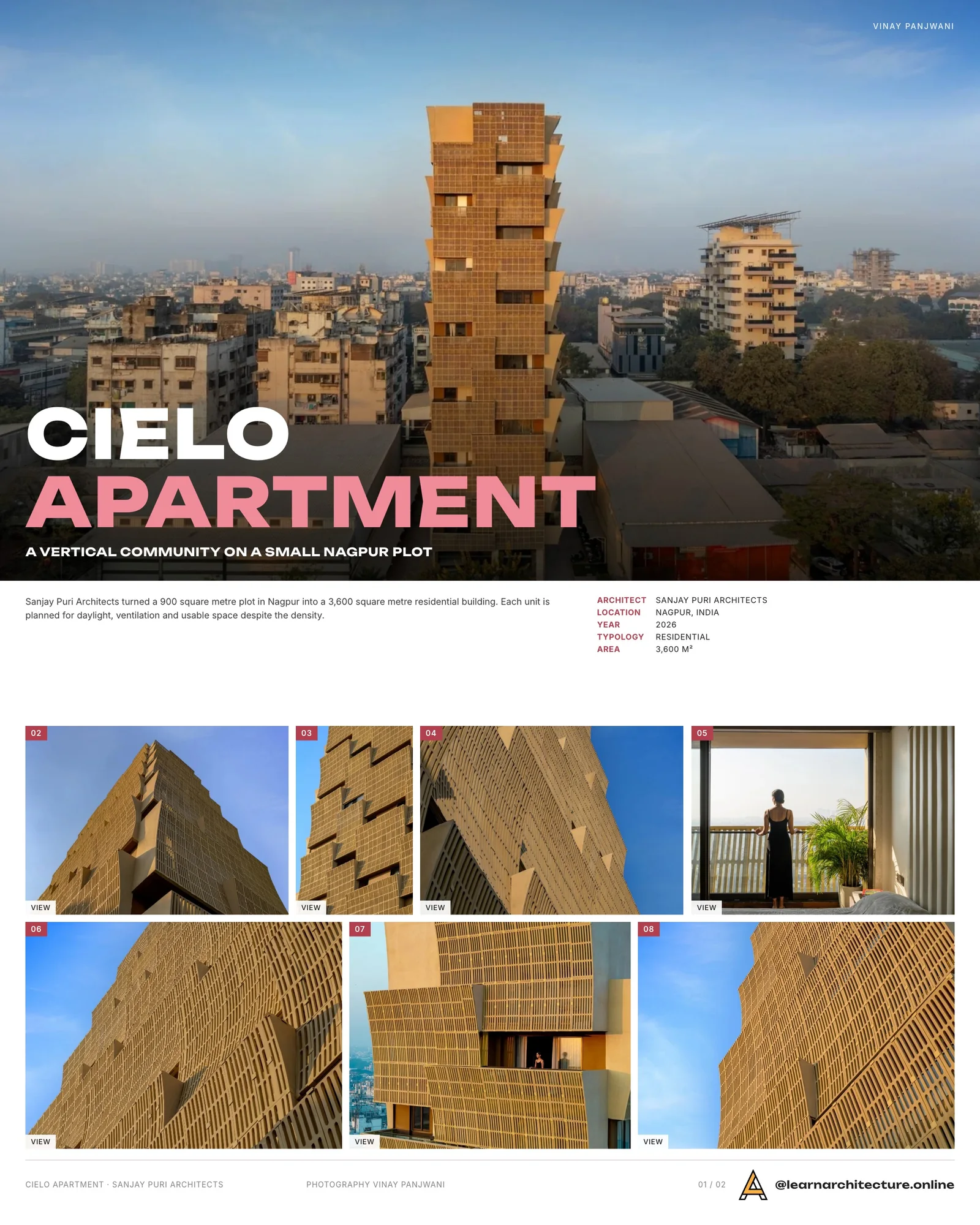 Presentation board cover for Cielo Apartment by Sanjay Puri Architects, with the lead image, project summary and a grid of photographs and drawings