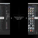 Two Cinema 4D interface panels labelled before and after, showing an object list being organised into a tidy hierarchy