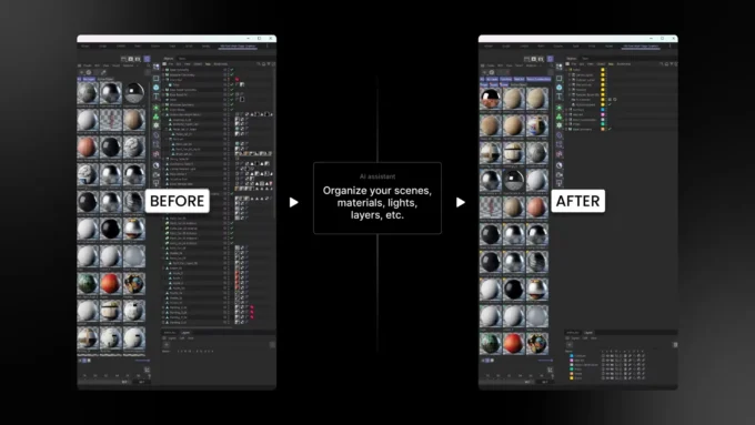 Two Cinema 4D interface panels labelled before and after, showing an object list being organised into a tidy hierarchy