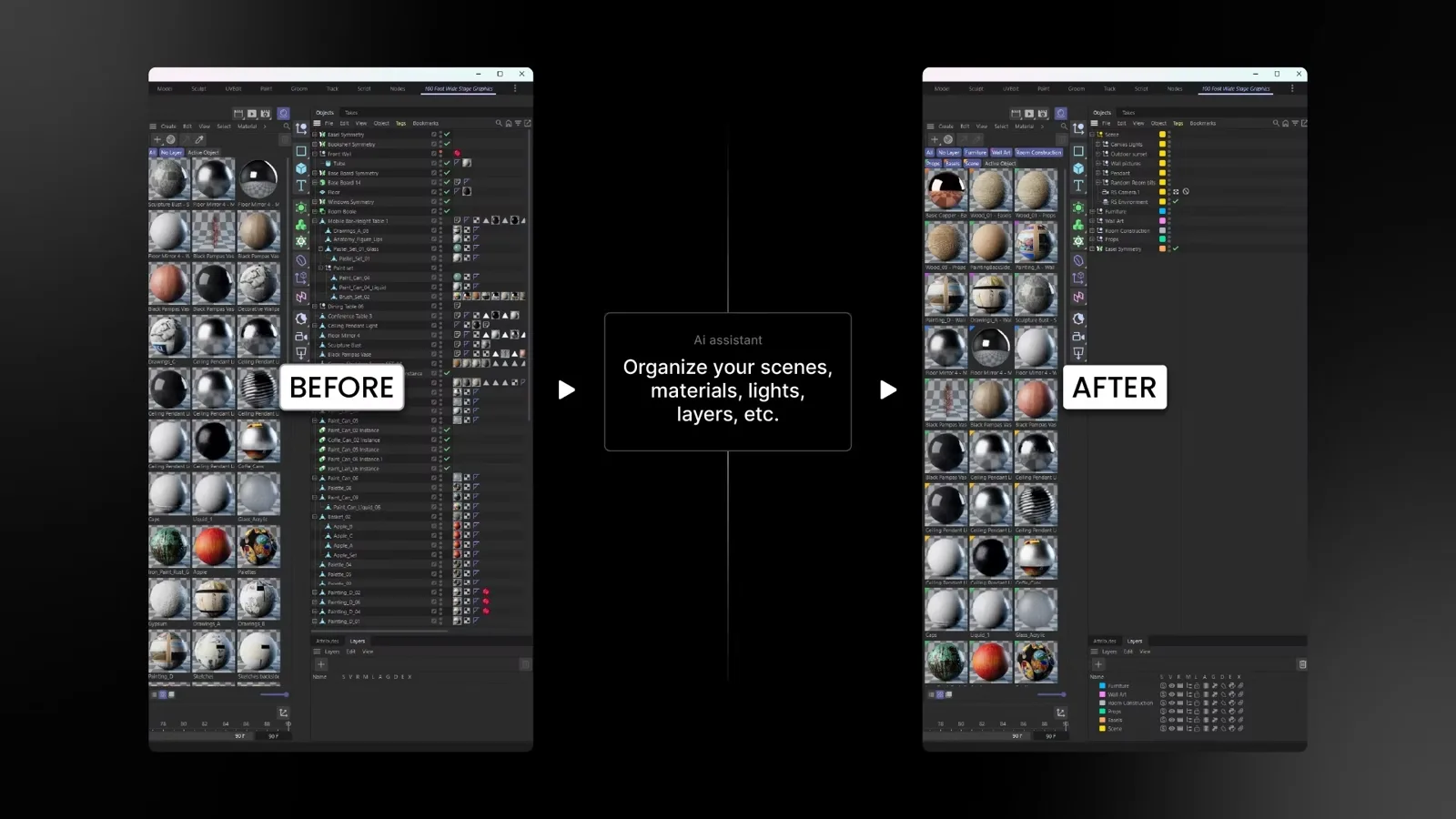 Two Cinema 4D interface panels labelled before and after, showing an object list being organised into a tidy hierarchy