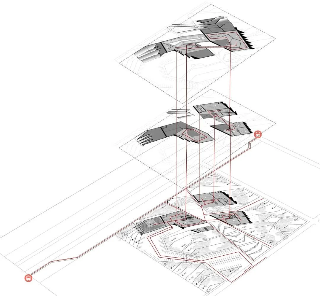 Layered axonometric circulation diagram tracing a red movement path from the street through each floor of a building