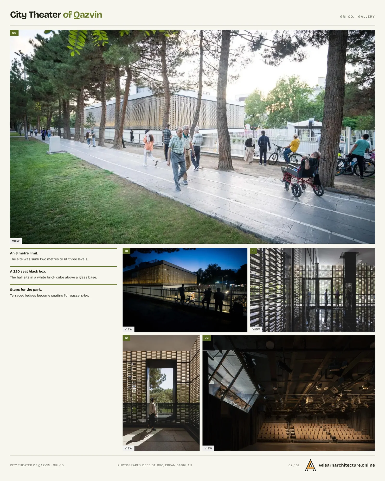 Second presentation board sheet for City Theater of Qazvin by GRI co. (Golden Rectangle Idea Consulting Engineers), laying out the project drawings and images on one page