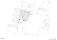 Site plan showing the trapezoidal building, the entrance, the fire vehicle exit and the car park, Civil Protection Centre by Roland Baldi Architects