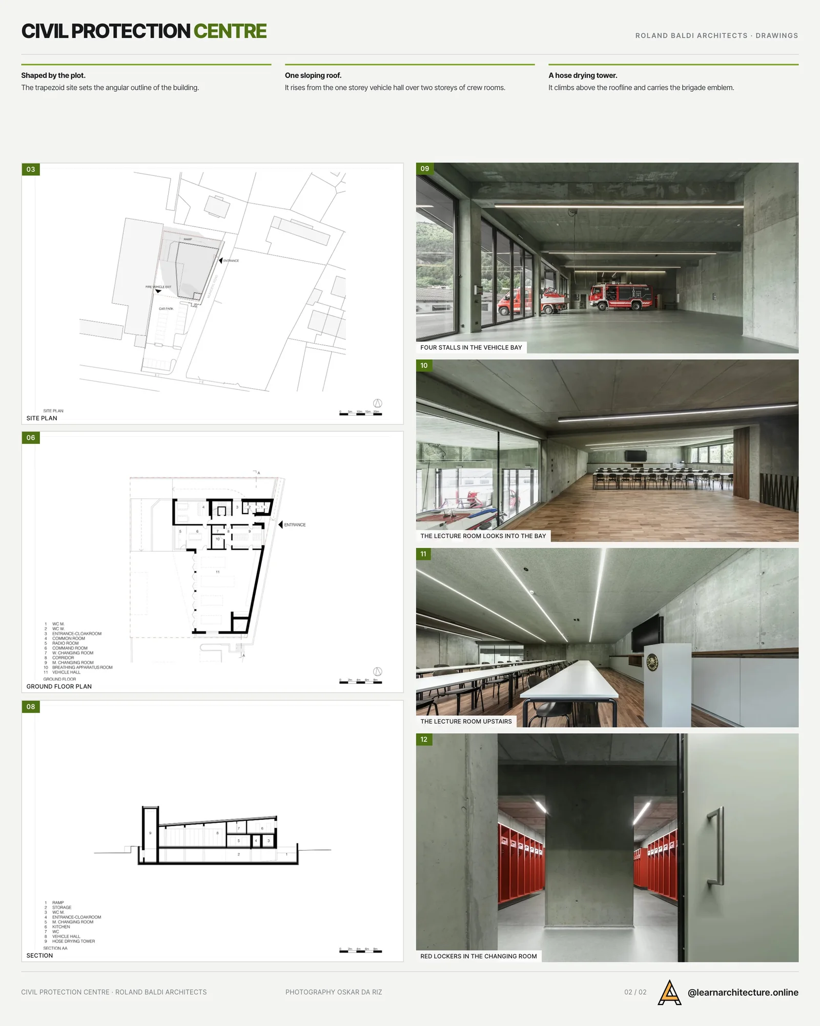Second presentation board sheet for Civil Protection Centre by Roland Baldi Architects, laying out the project drawings and images on one page