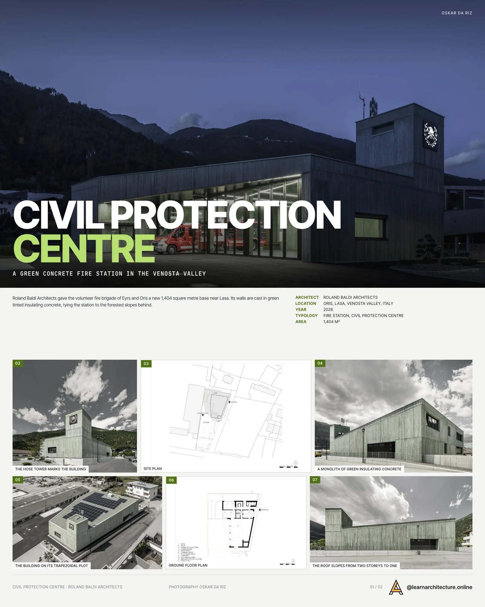 Presentation board cover for Civil Protection Centre by Roland Baldi Architects, with the lead image, project summary and a grid of photographs and drawings