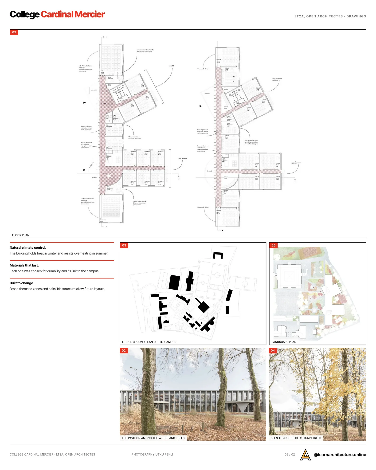 Second presentation board sheet for College Cardinal Mercier by LT2A and OPEN ARCHITECTES, laying out the project drawings and images on one page