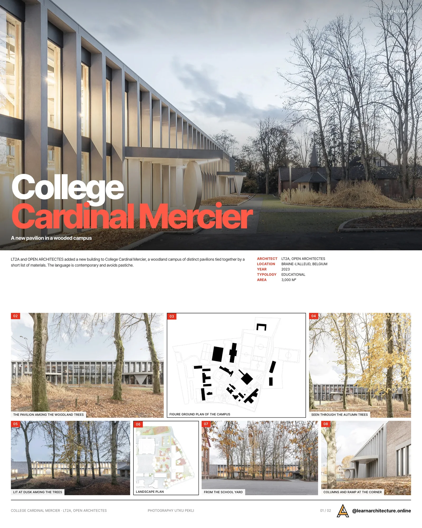Presentation board cover for College Cardinal Mercier by LT2A and OPEN ARCHITECTES, with the lead image, project summary and a grid of photographs and drawings