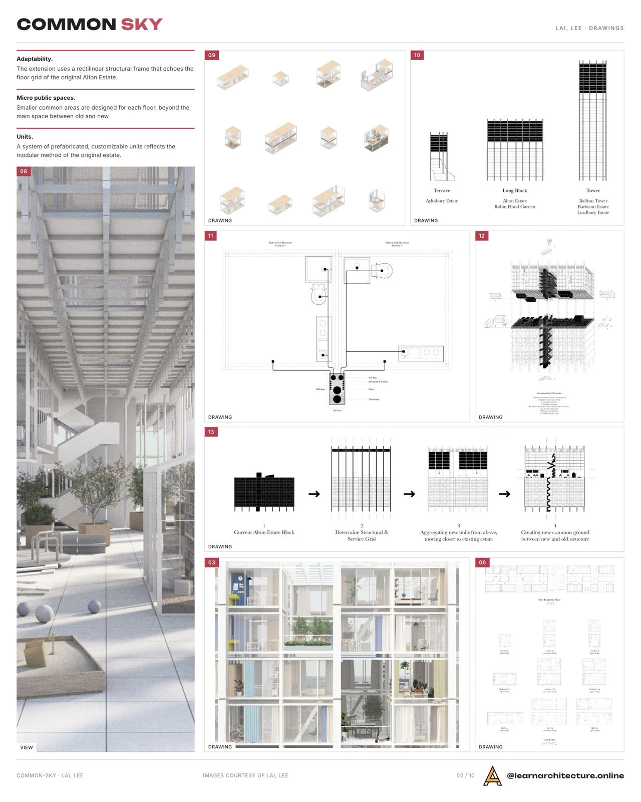 Presentation board page with axonometric diagrams, an elevation and a plan of the Common Sky building