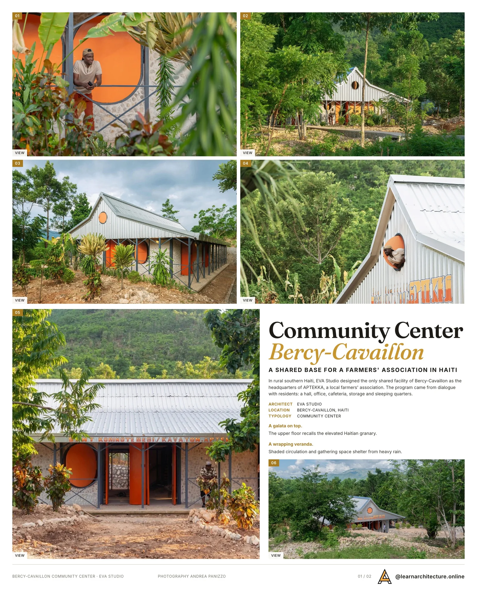 Presentation board cover for Community Center in Bercy-Cavaillon Haiti by Emergent Vernacular Architecture (EVA Studio), with the lead image, project summary and a grid of photographs and drawings