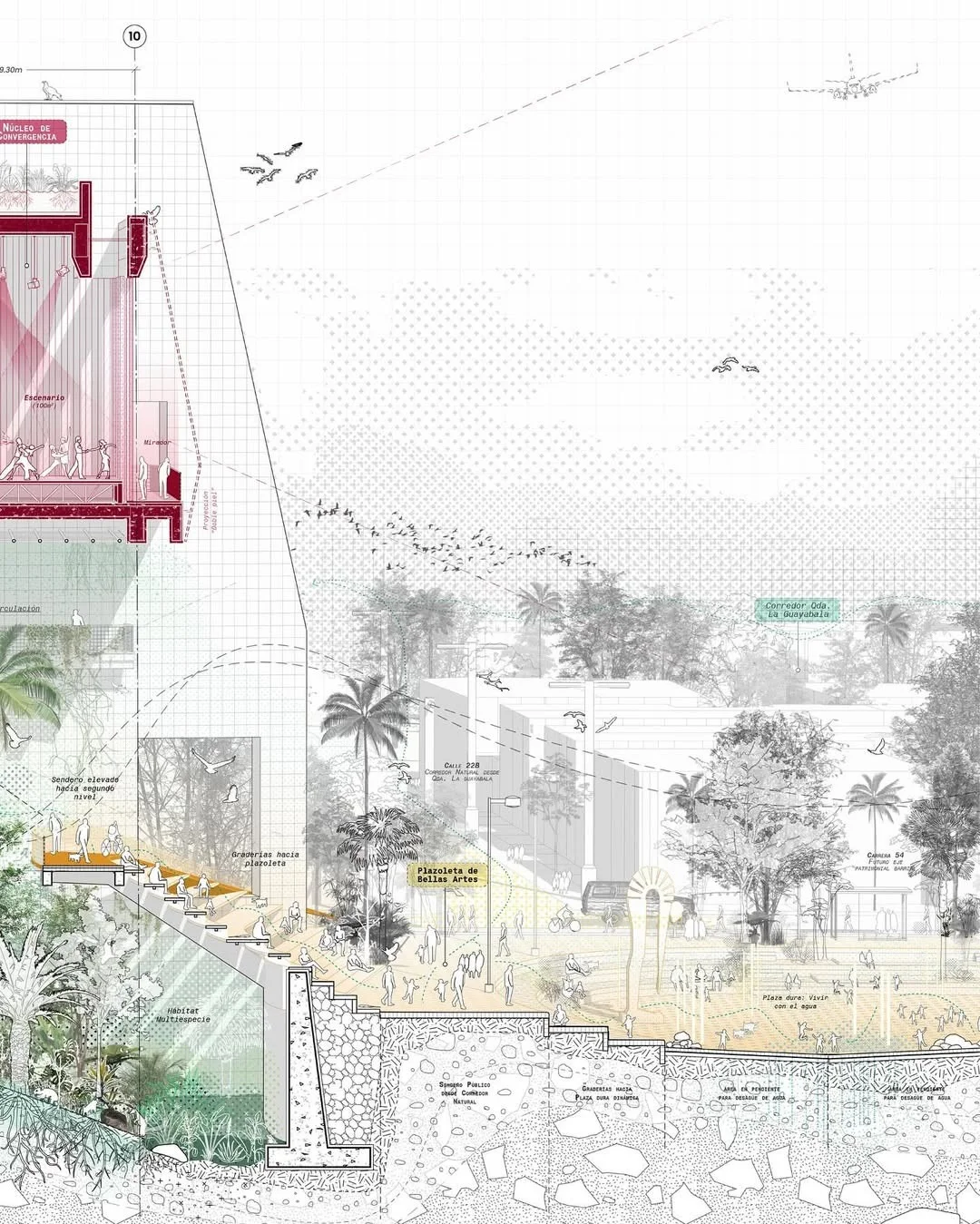 Landscape section drawing with a red highlighted structure set into a hillside park