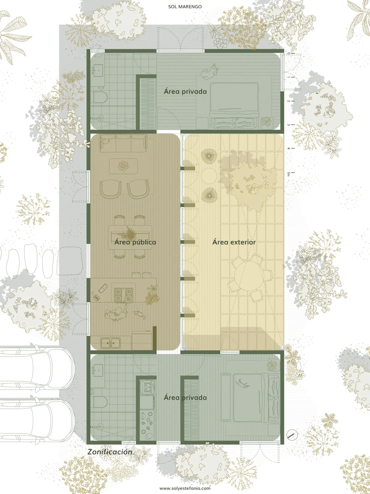Rendered floor plan with a zoning color overlay showing private and exterior areas of a house