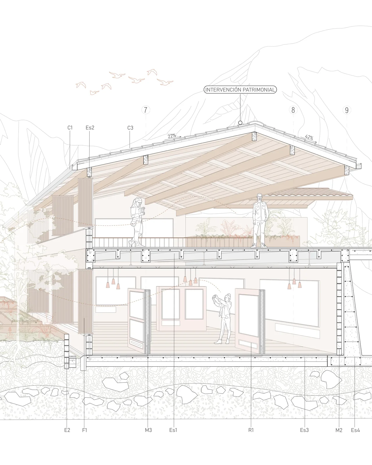 Pale sectional perspective of a timber roofed market building with gridlines, structure and figures, a section perspective example
