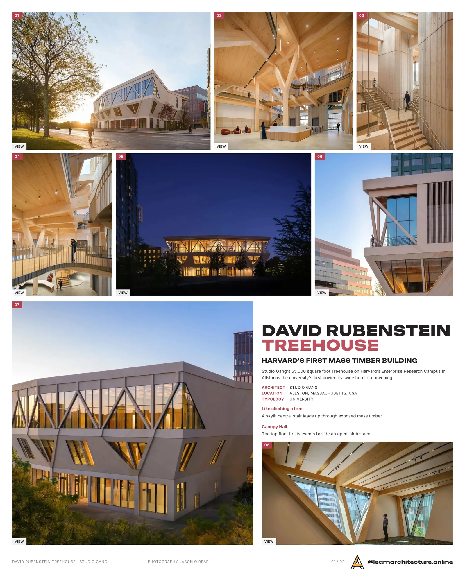 Presentation board cover for David Rubenstein Treehouse - Harvard University by Studio Gang, with the lead image, project summary and a grid of photographs and drawings