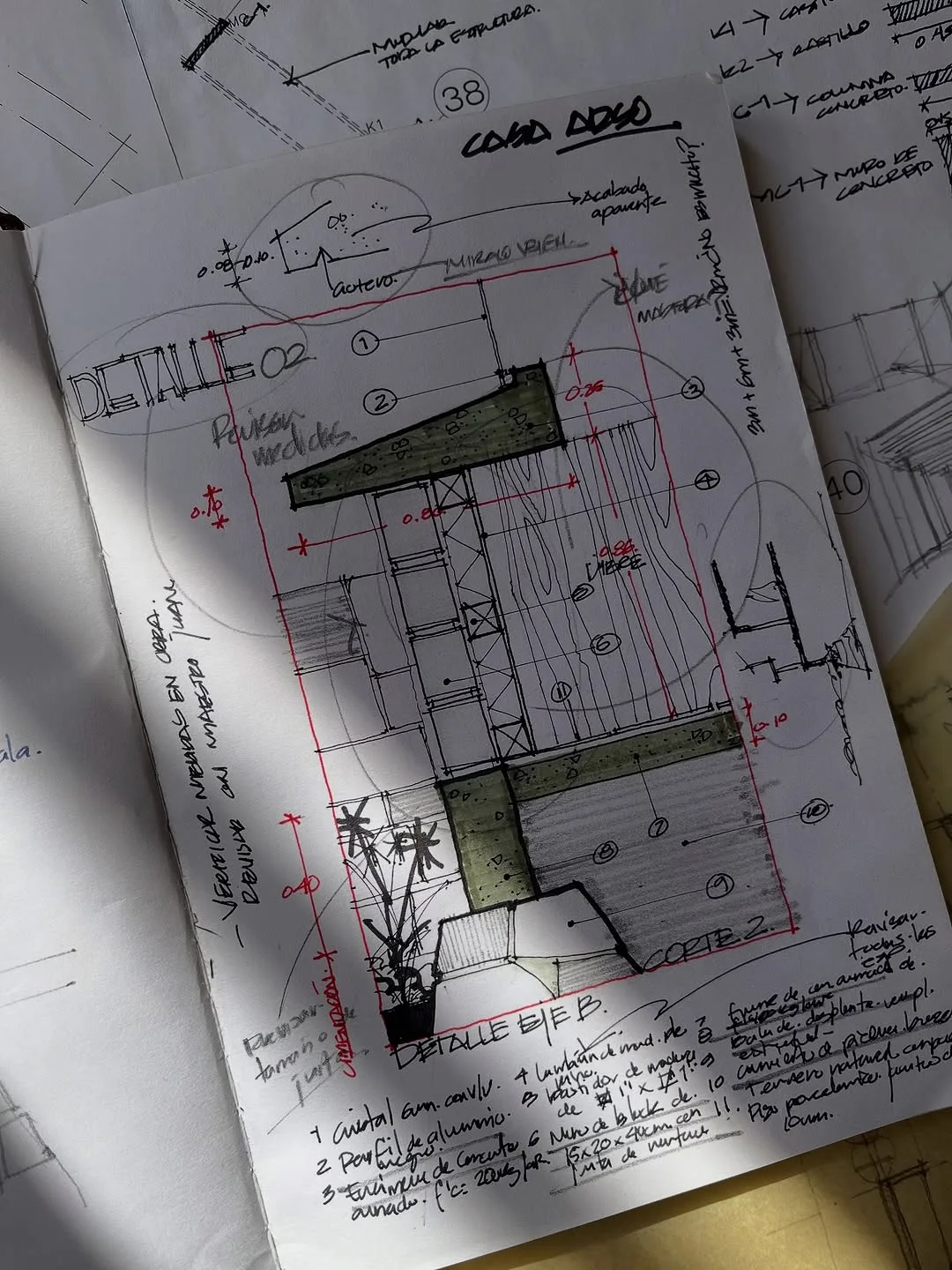 Sketchbook page of technical detail sketches with plans, sections and colored handwritten notes