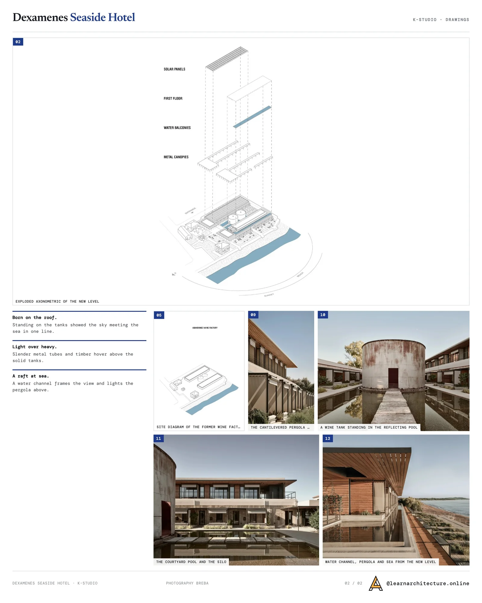 Second presentation board sheet for Dexamenes Seaside Hotel Extension by K-Studio, laying out the project drawings and images on one page