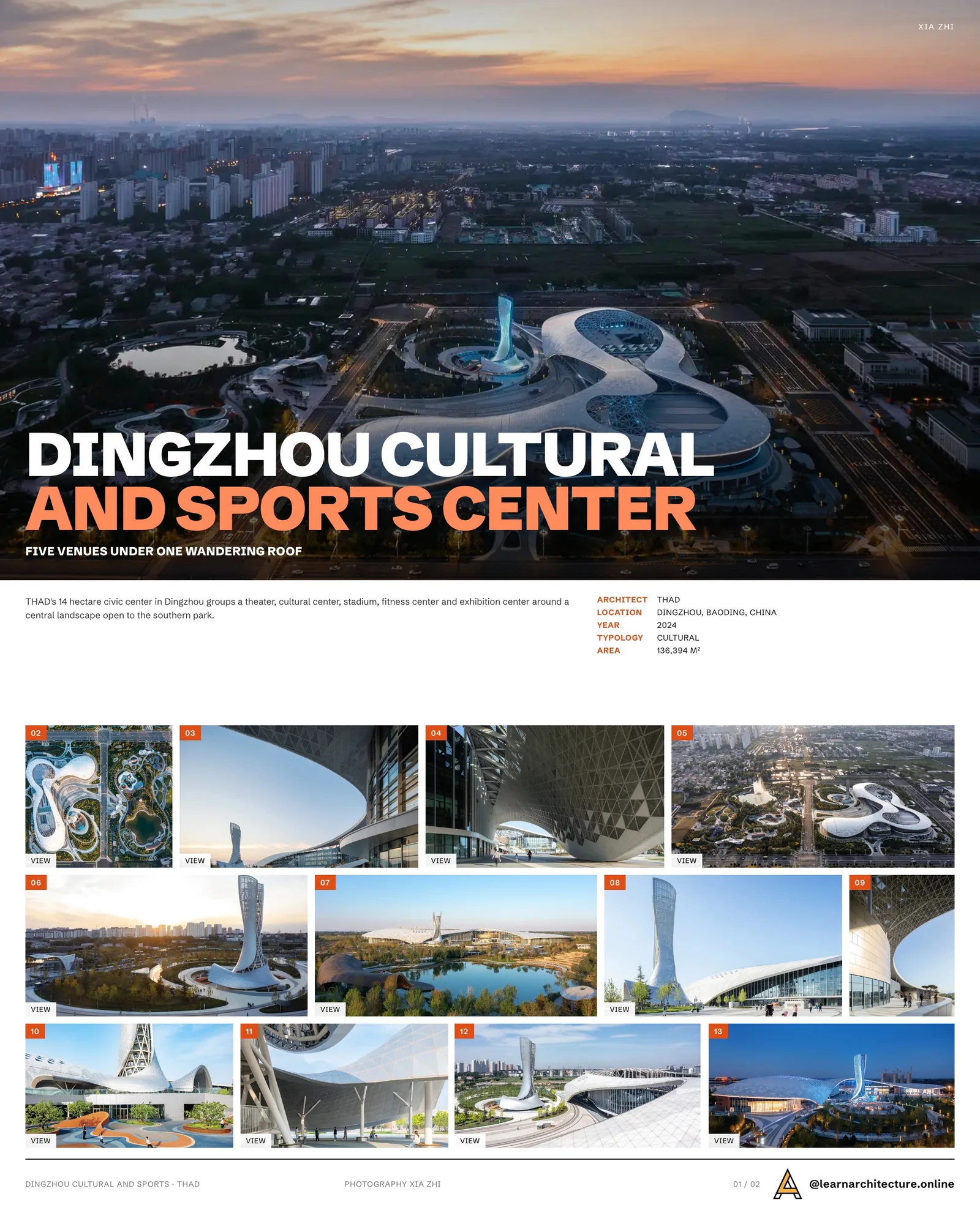 Presentation board cover for Dingzhou Cultural and Sports Center by THAD, with the lead image, project summary and a grid of photographs and drawings