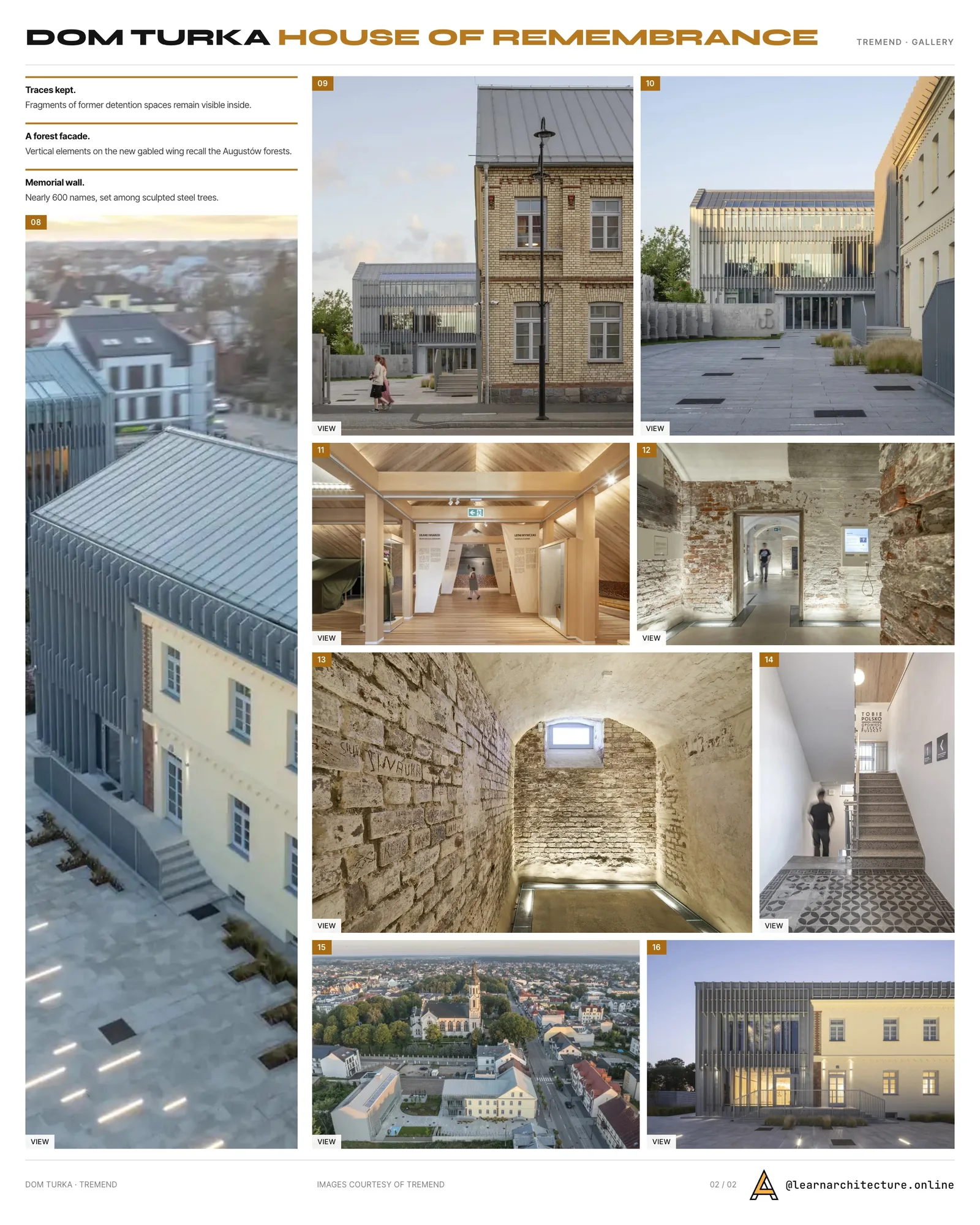 Second presentation board sheet for Dom Turka House of Remembrance by Tremend, laying out the project drawings and images on one page