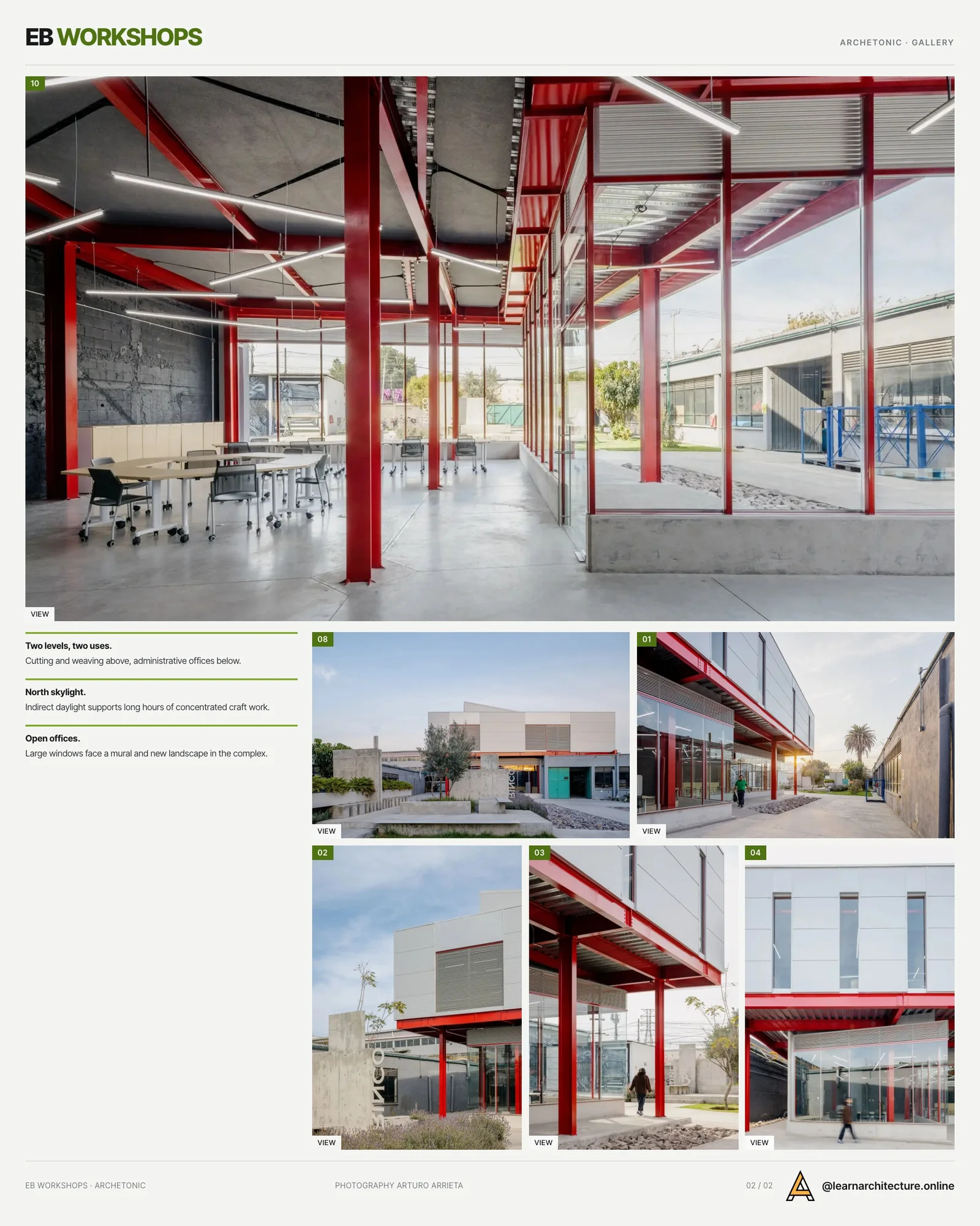 Second presentation board sheet for EB Workshops by Archetonic, laying out the project drawings and images on one page