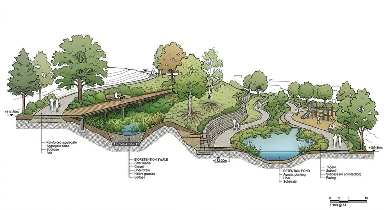 Ecopark section with labeled bioretention swale, retention pond, planting layers and visitors on terraced paths