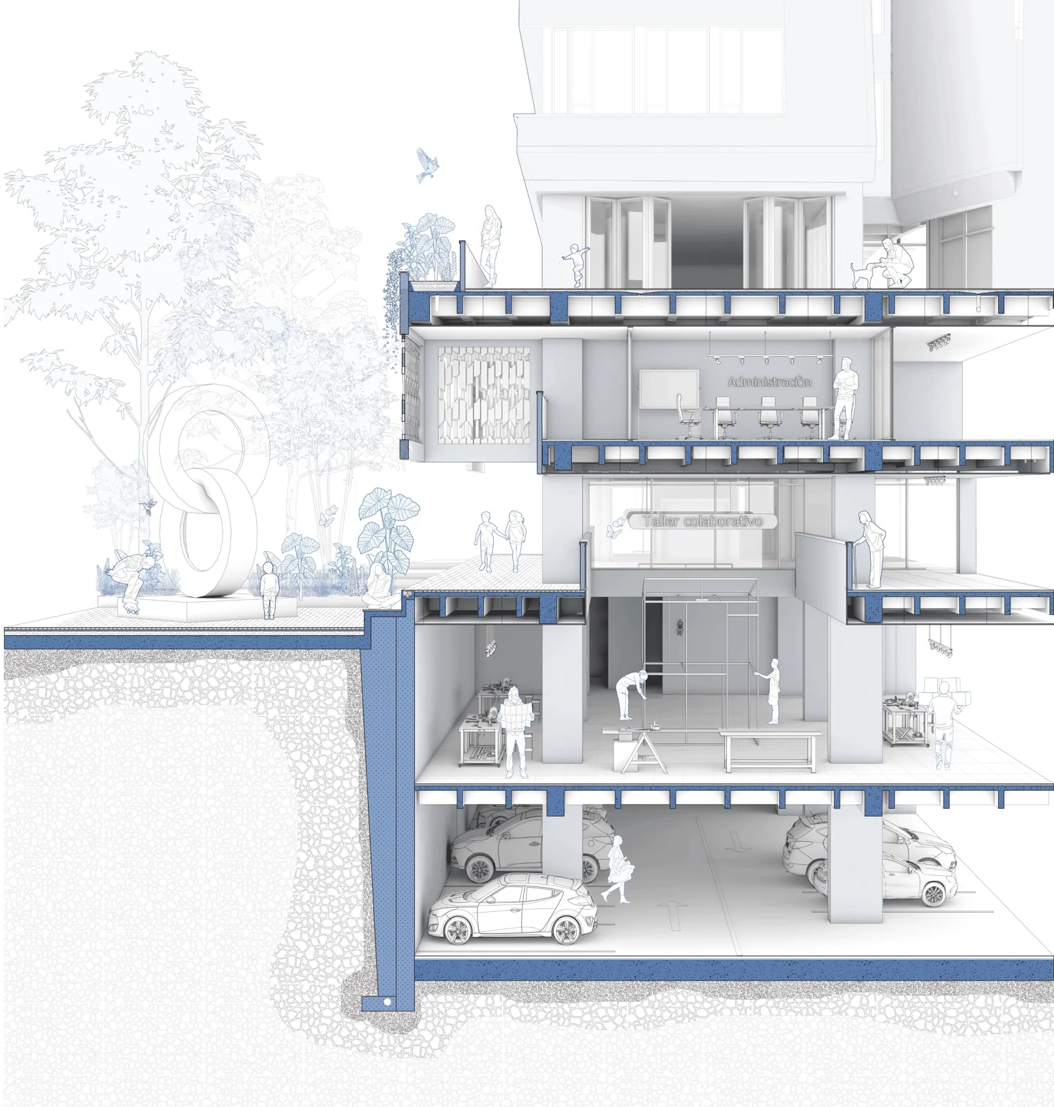 Sectional axonometric cutaway rendered with blue structure, material textures, cars and people across stacked floors