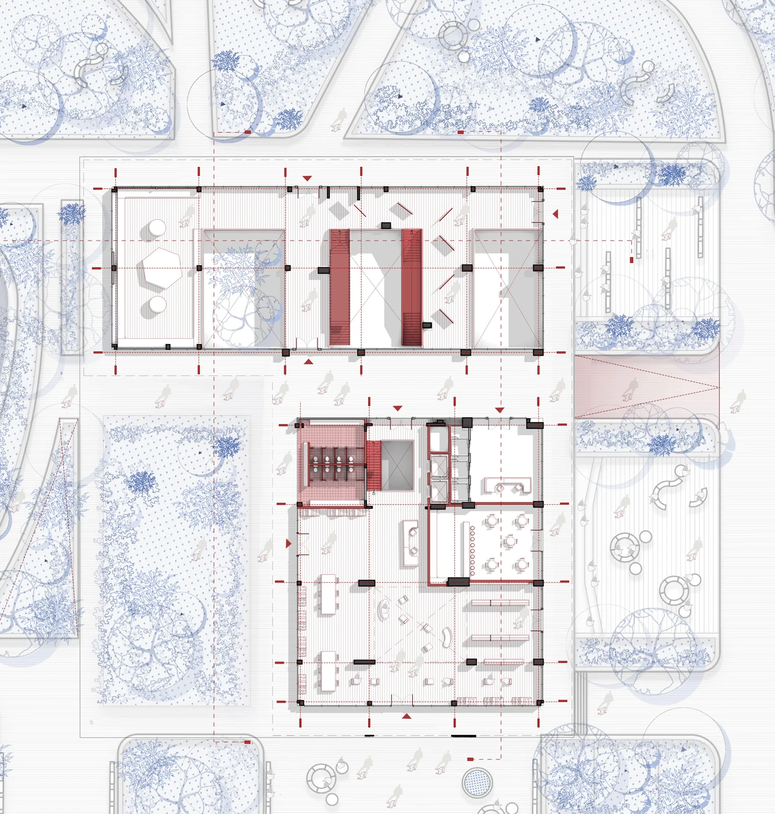 Technical floor plan with red highlighted elements over a blue tree pattern background, with colored highlights over a textured background