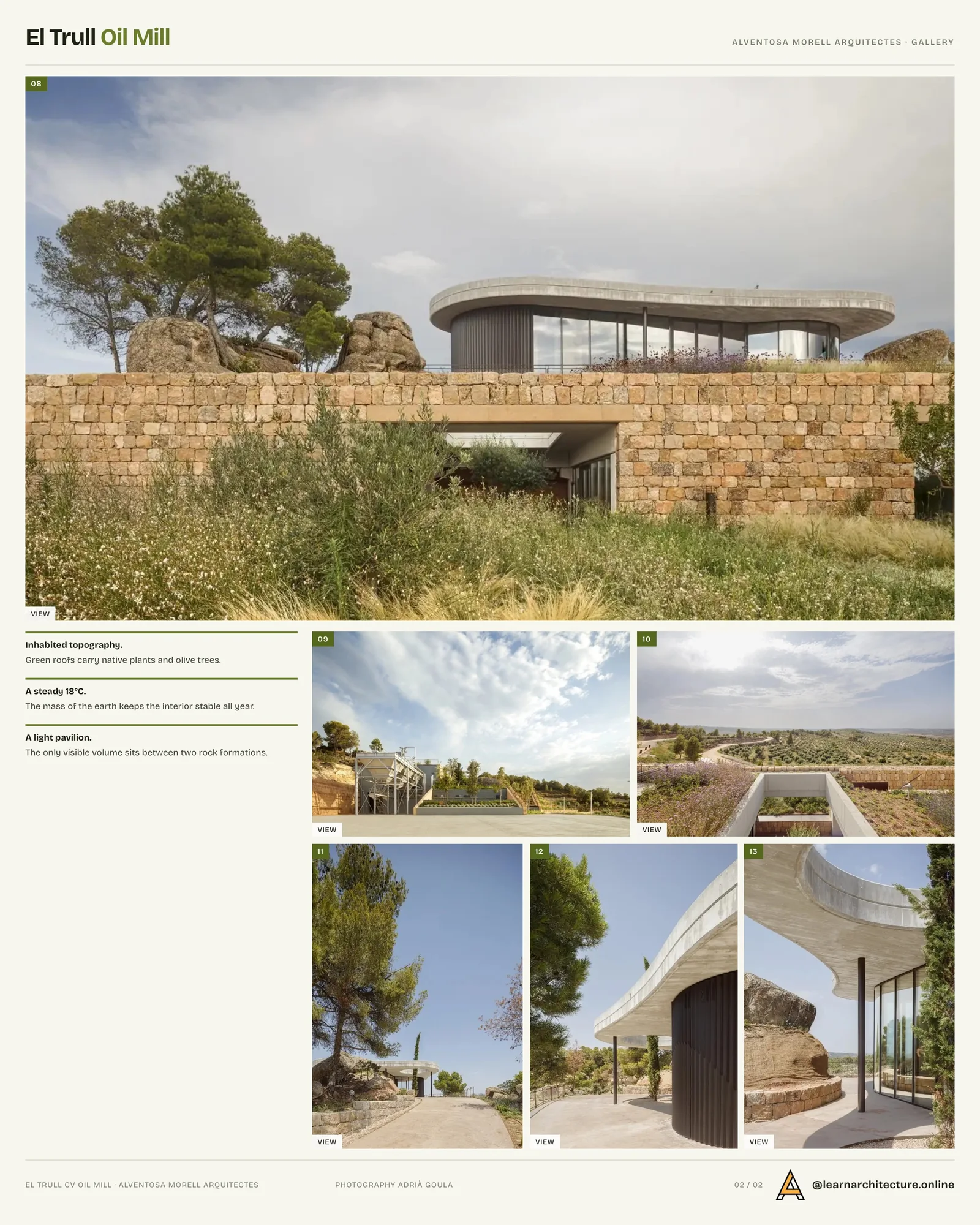 Second presentation board sheet for El Trull CV Oil Mill by Alventosa Morell Arquitectes, laying out the project drawings and images on one page