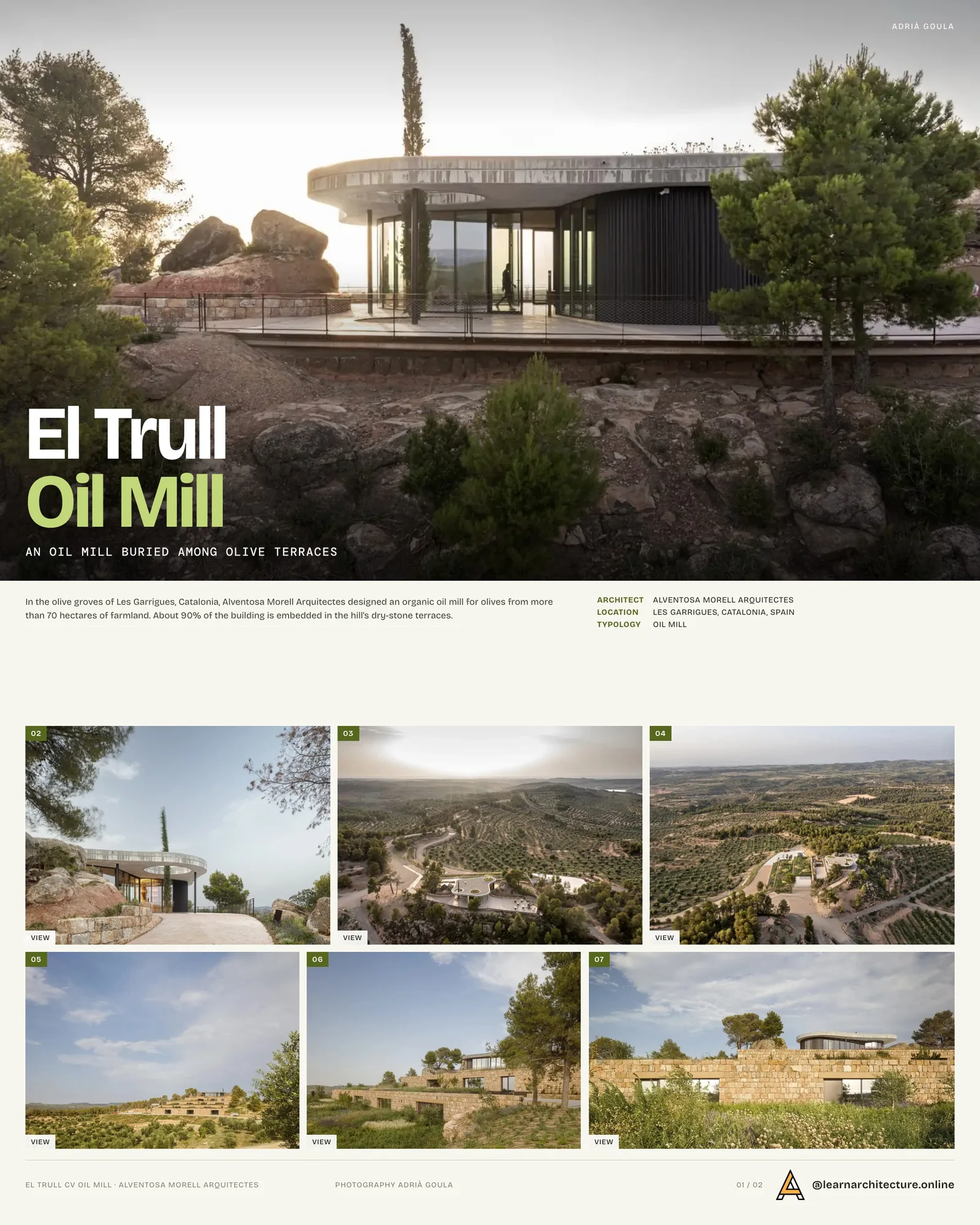 Presentation board cover for El Trull CV Oil Mill by Alventosa Morell Arquitectes, with the lead image, project summary and a grid of photographs and drawings