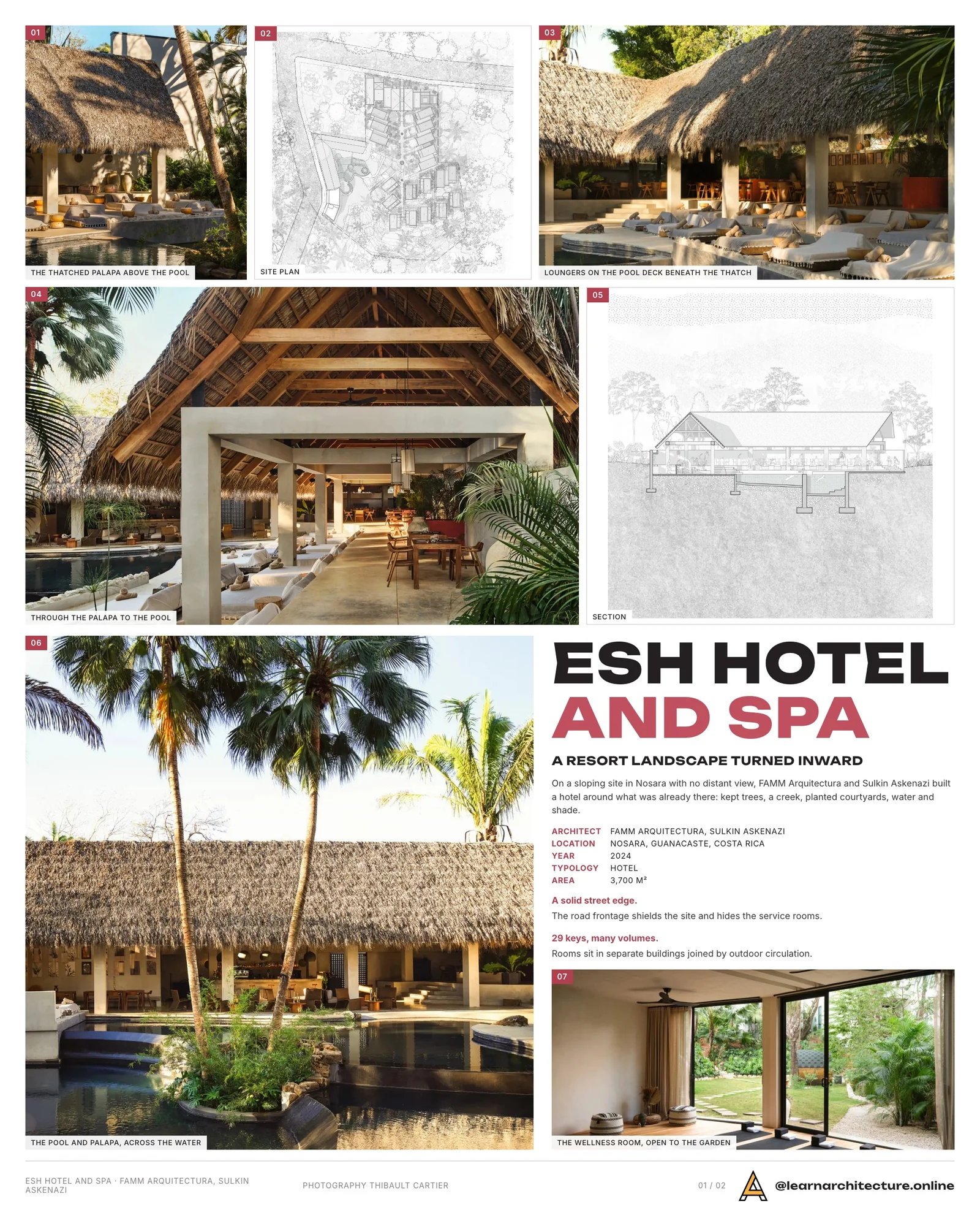 Presentation board cover for Esh Hotel and Spa by FAMM Arquitectura and Sulkin Askenazi, with the lead image, project summary and a grid of photographs and drawings