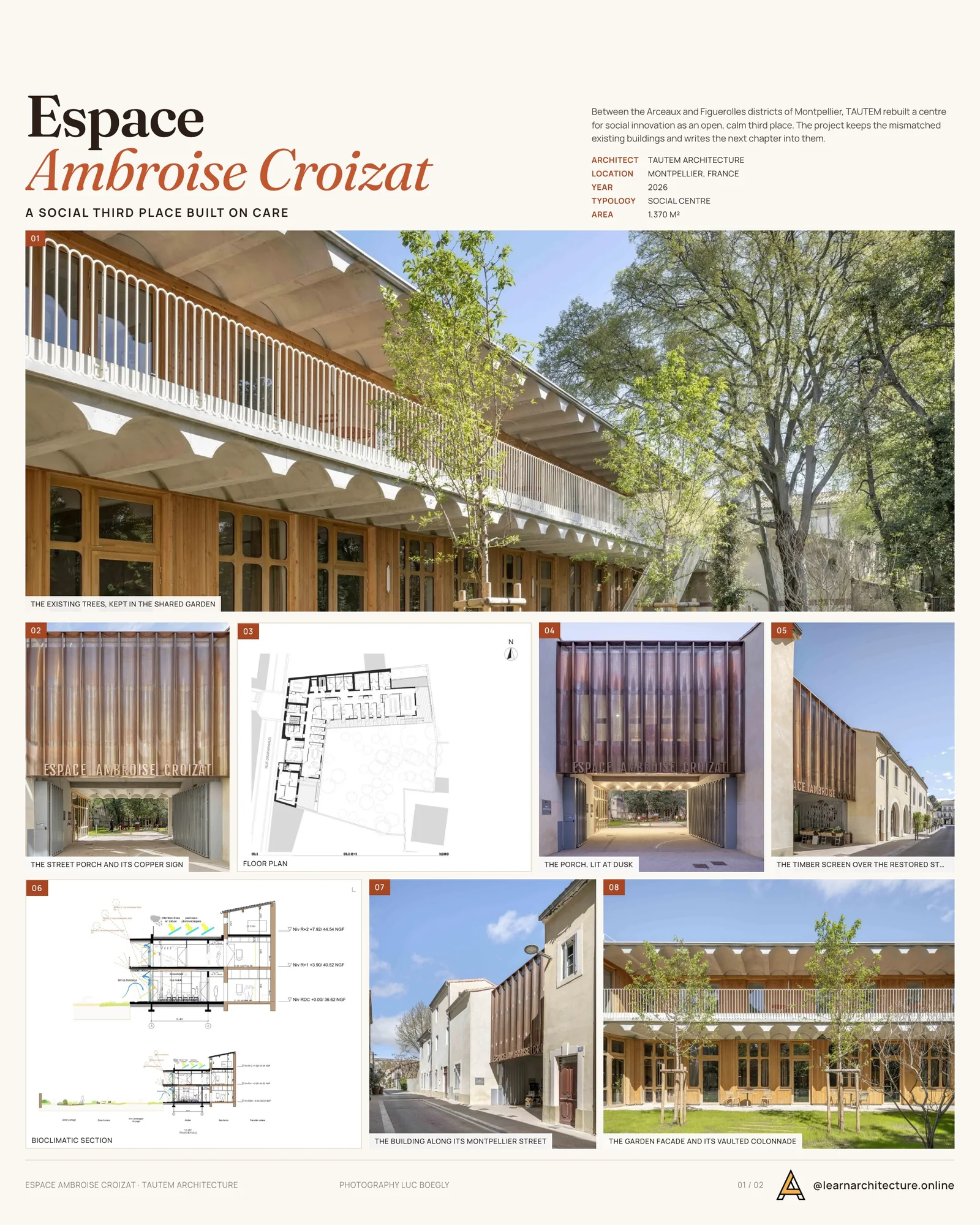 Presentation board cover for Espace Ambroise Croizat by TAUTEM Architecture, with the lead image, project summary and a grid of photographs and drawings