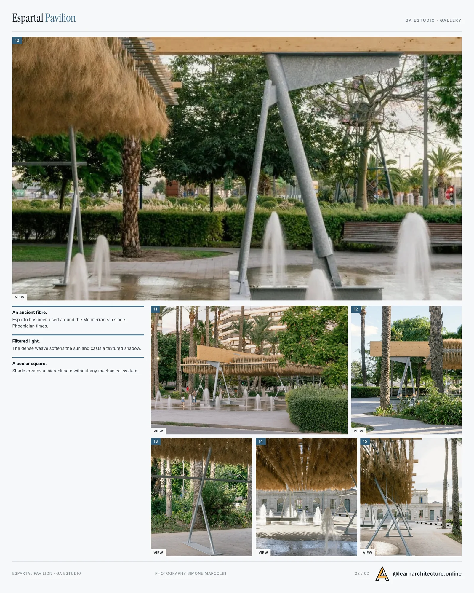 Second presentation board sheet for Espartal Pavilion by GA estudio & Florencia Galecio & Juan Gubbins & ELE Arkitektura, laying out the project drawings and images on one page