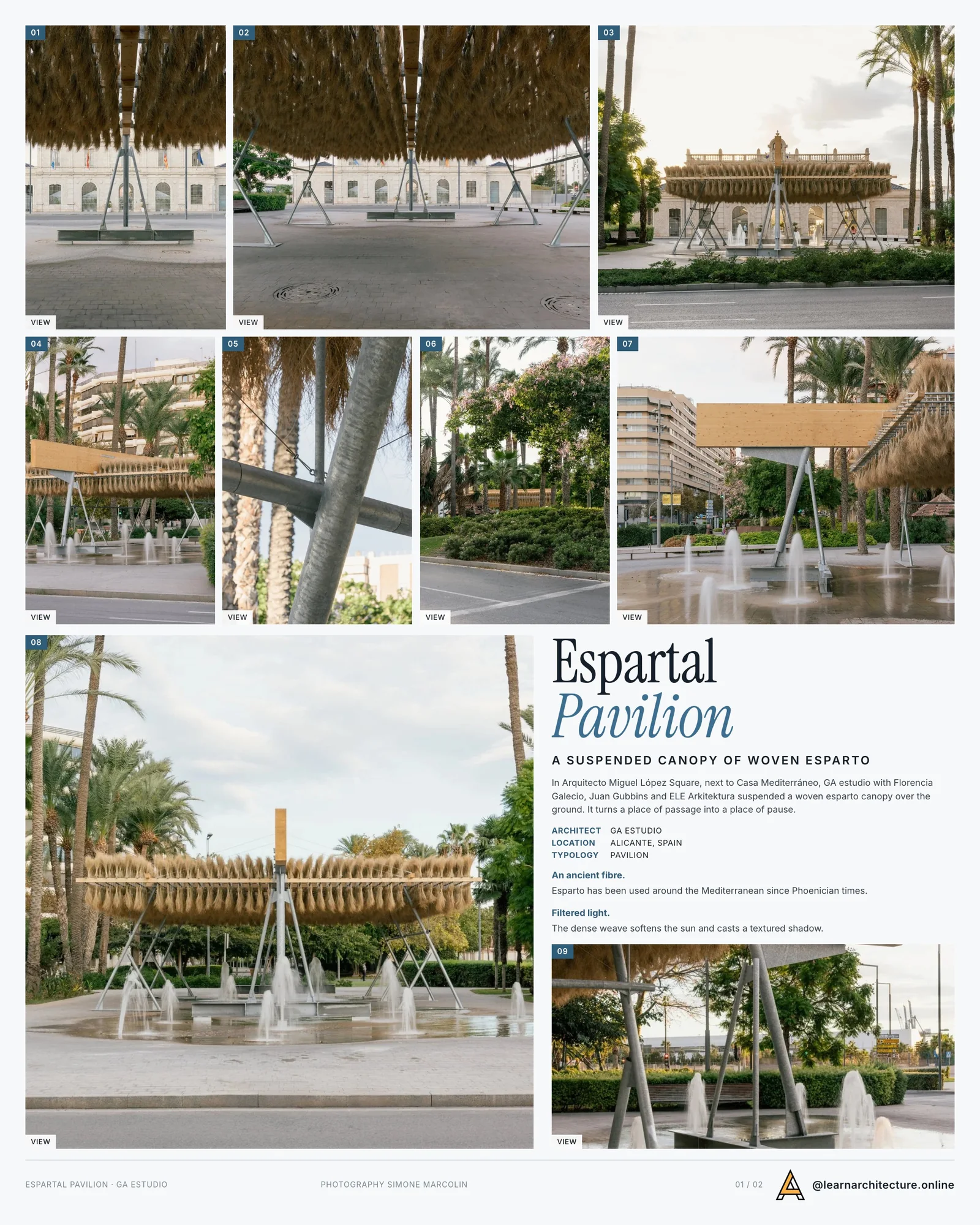 Presentation board cover for Espartal Pavilion by GA estudio & Florencia Galecio & Juan Gubbins & ELE Arkitektura, with the lead image, project summary and a grid of photographs and drawings