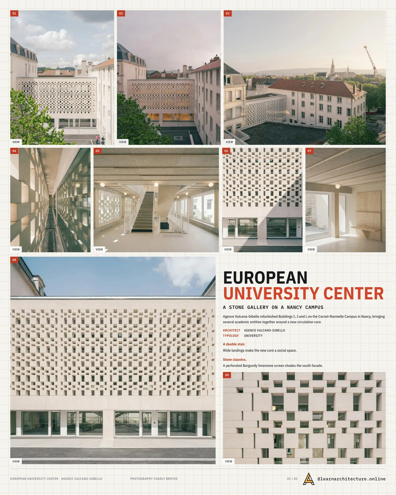 Presentation board cover for European University Center Refurbishment and Modernization by Agence Vulcano-Gibello, with the lead image, project summary and a grid of photographs and drawings