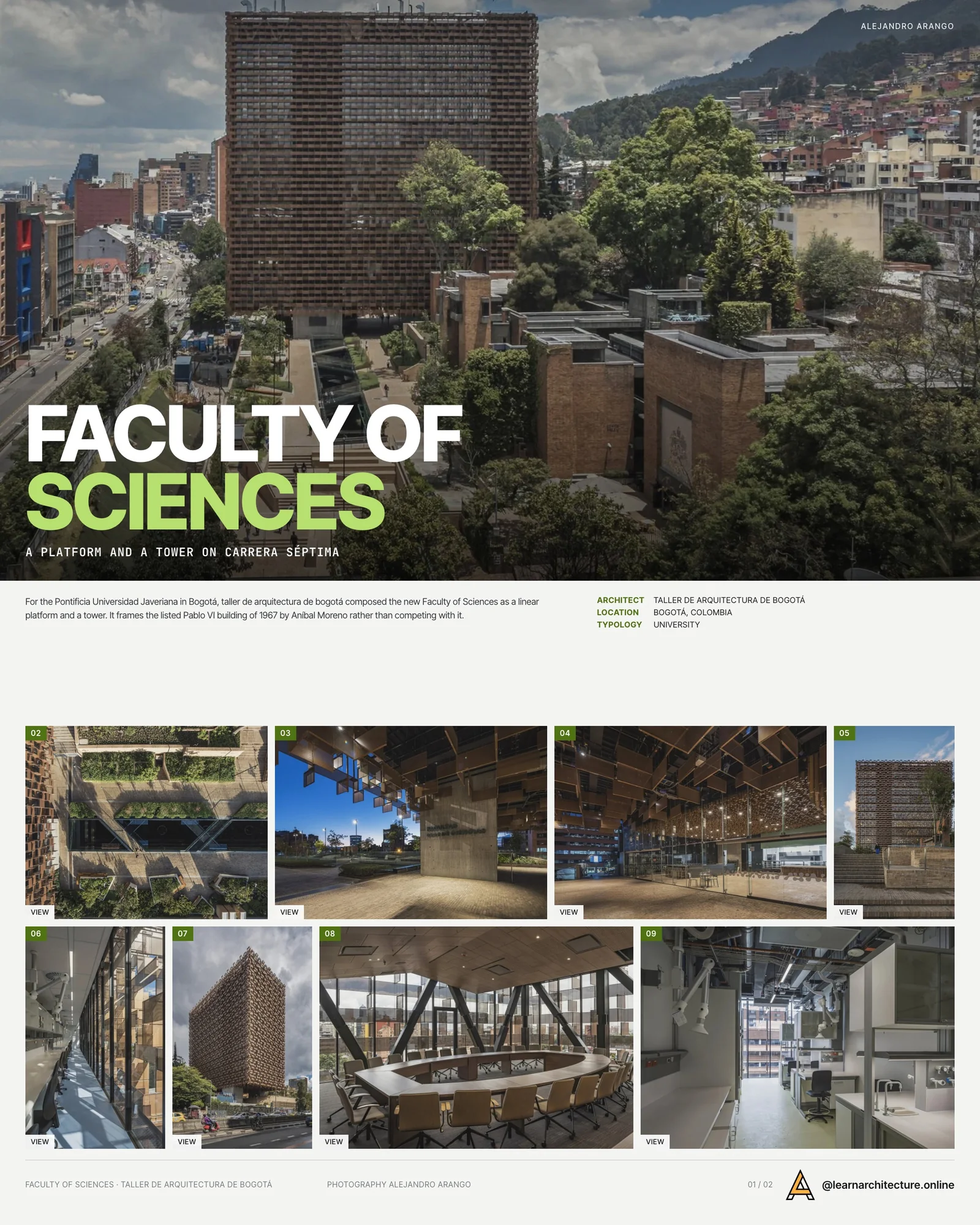 Presentation board cover for Faculty of Sciences - Pontifical Xavierian University by taller de arquitectura de bogotá, with the lead image, project summary and a grid of photographs and drawings