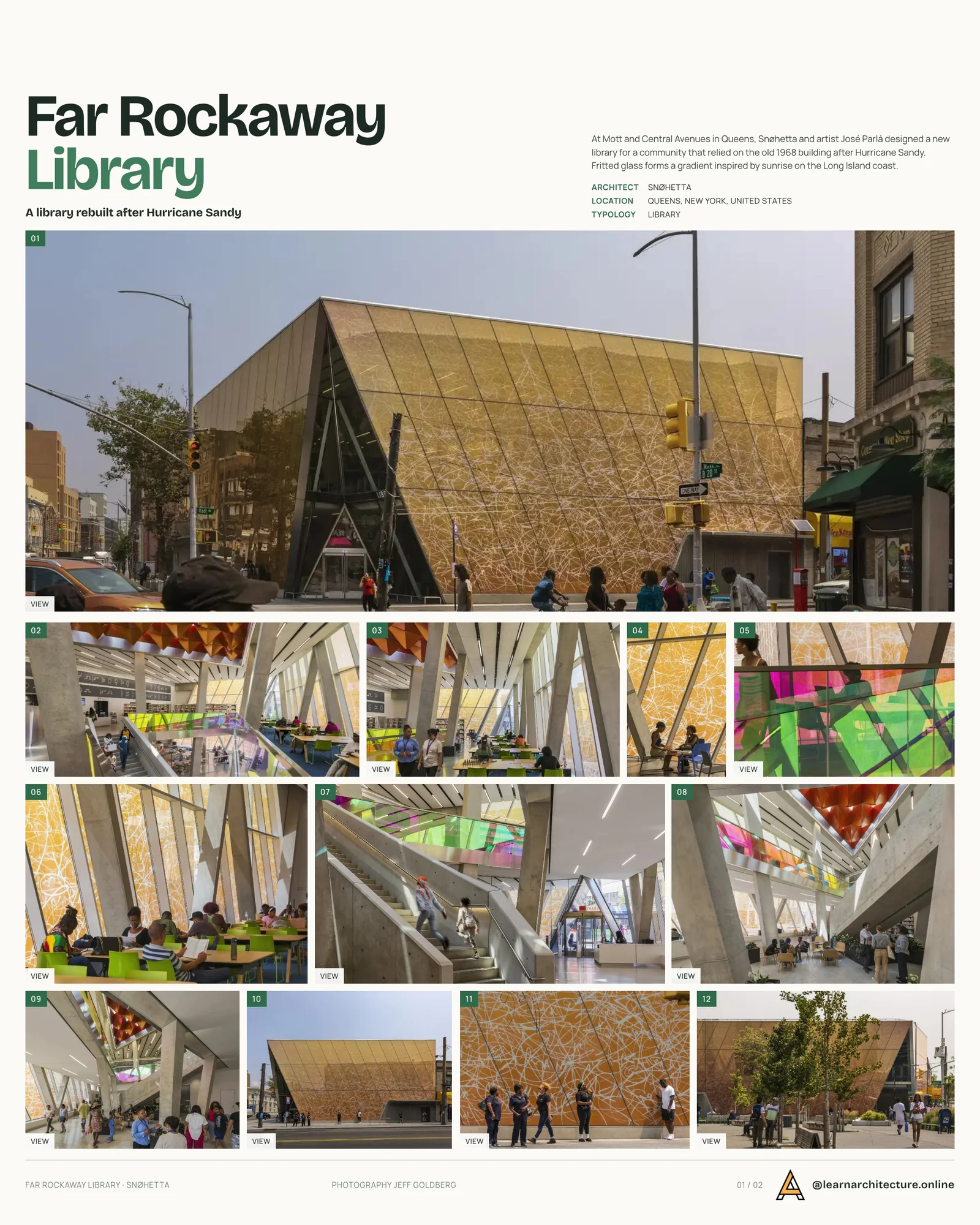 Presentation board cover for Far Rockaway Library by Snøhetta, with the lead image, project summary and a grid of photographs and drawings